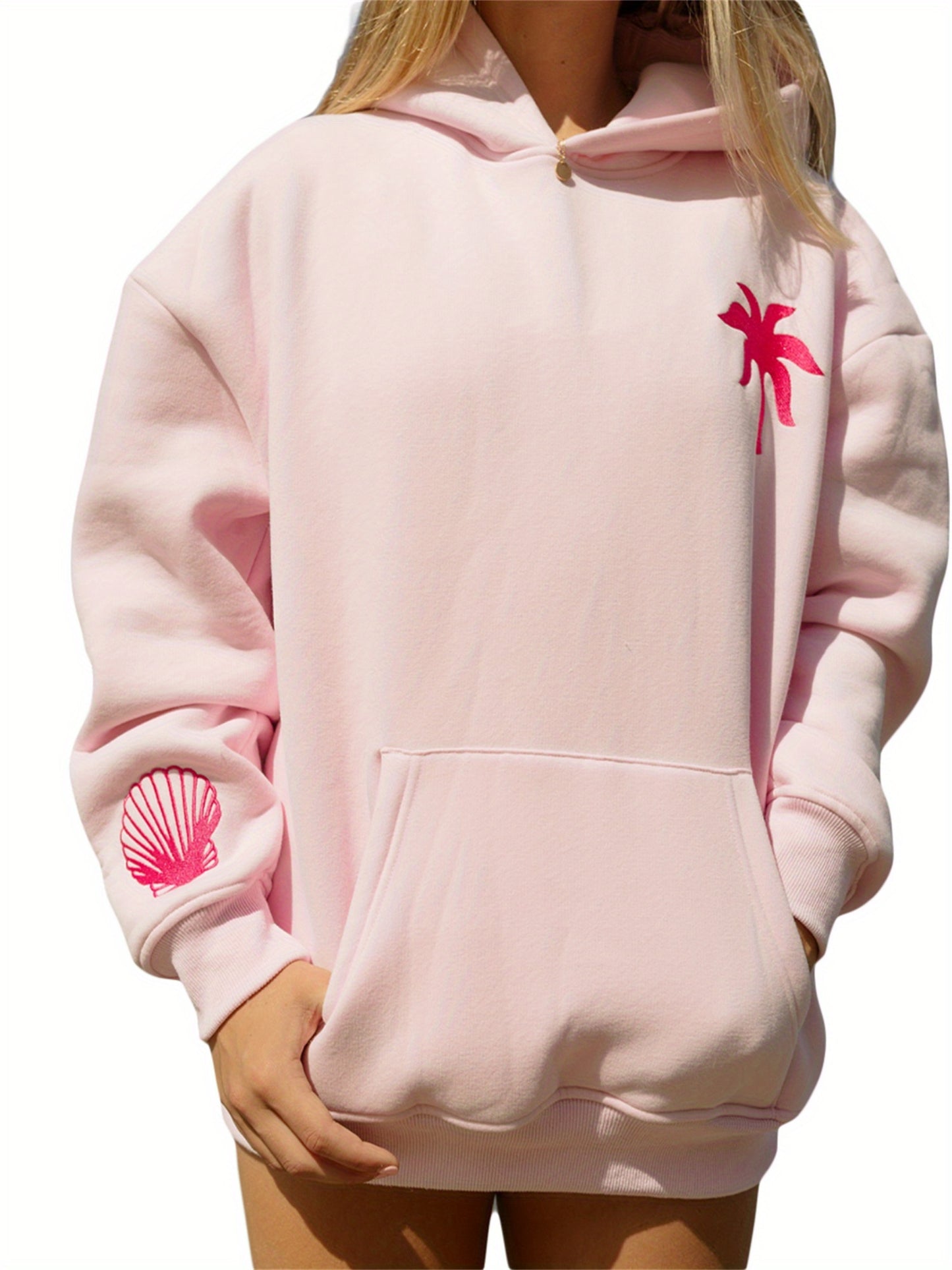 Long Sleeve Crew Neck Knit Polyester Hoodie - Women'S Beach-Themed Sweatshirt with Front Pocket, Slight Stretch, Printed Palm & Shell Design, Casual Sports Style Top