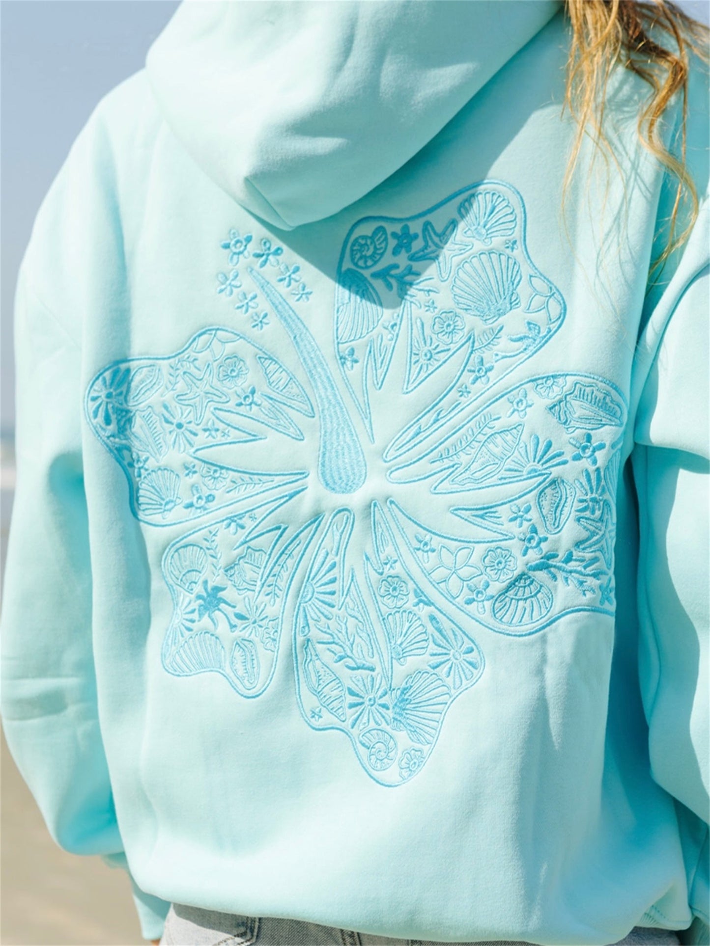 Long Sleeve Crew Neck Knit Polyester Hoodie - Women'S Beach-Themed Sweatshirt with Front Pocket, Slight Stretch, Printed Palm & Shell Design, Casual Sports Style Top
