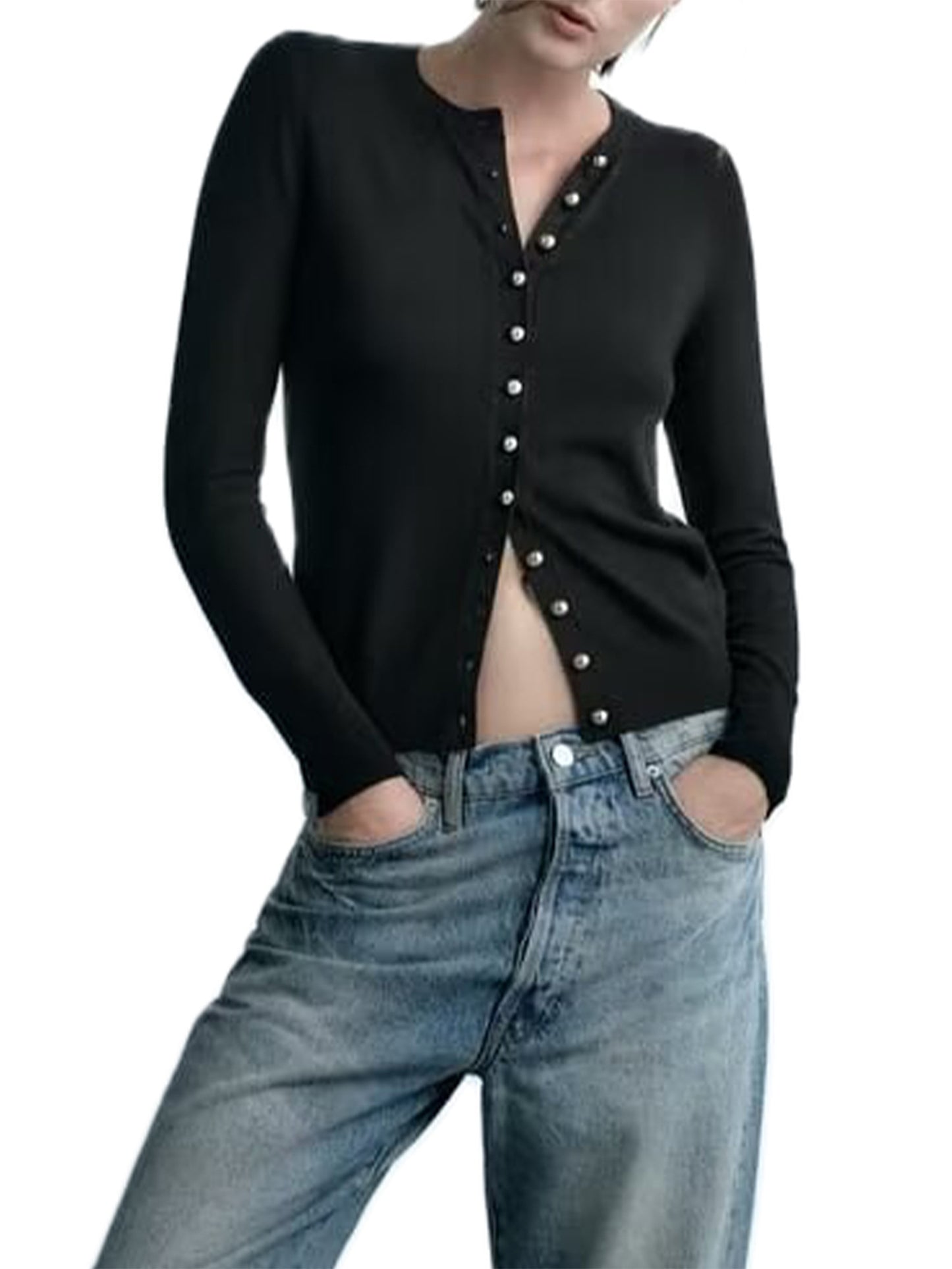 1pc Chic Polyester Crew Neck Cardigan for Women - Solid Color Knit Sweater with Buckle Detail, All-Season Fashion Pullover