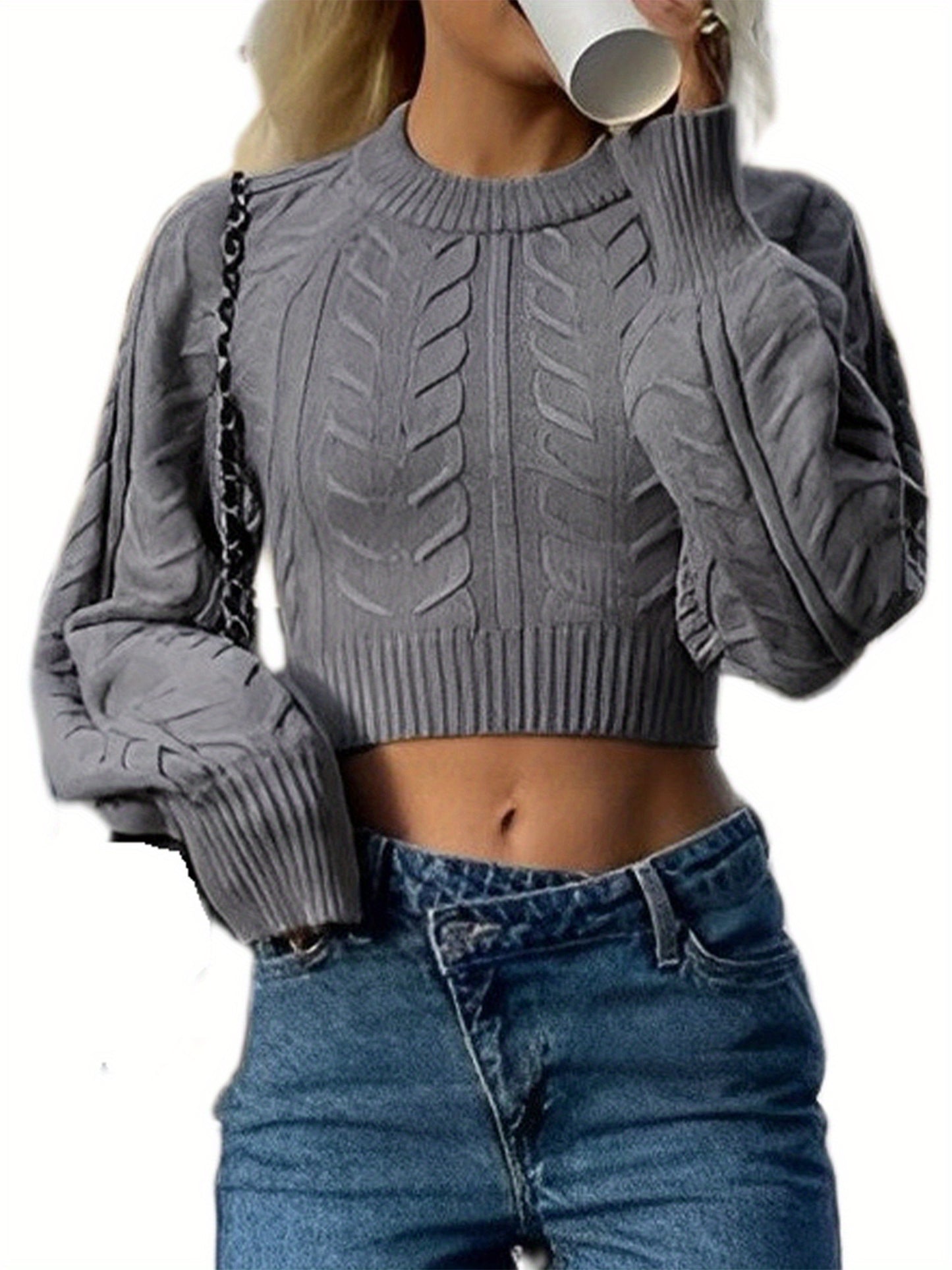 Women'S Acrylic Blend Cable Knit Pullover with Bow Detail, Crew Neck, Long Sleeve Crop Top for Fall\u002FWinter - Chic Solid Color Knitwear