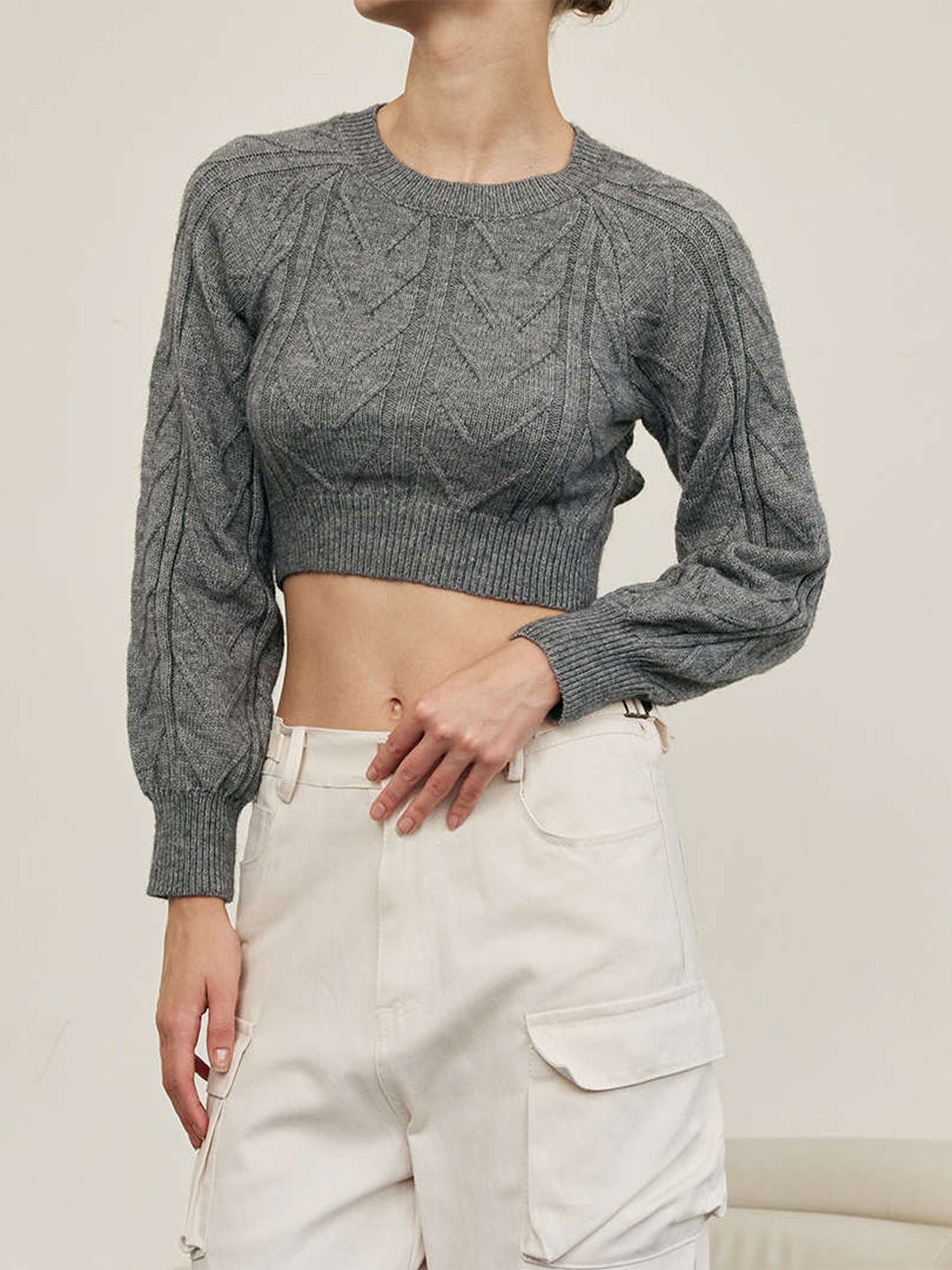 Women'S Acrylic Blend Cable Knit Pullover with Bow Detail, Crew Neck, Long Sleeve Crop Top for Fall\u002FWinter - Chic Solid Color Knitwear