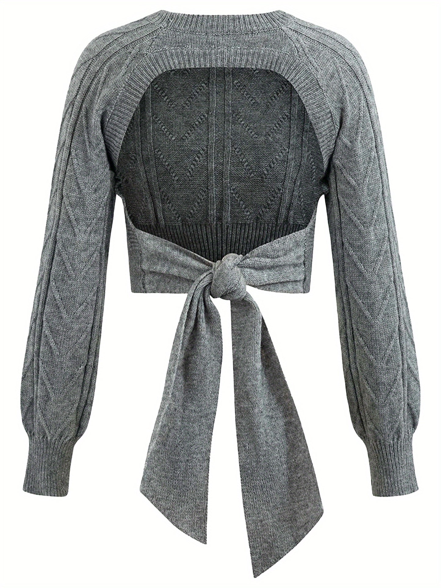 Women'S Acrylic Blend Cable Knit Pullover with Bow Detail, Crew Neck, Long Sleeve Crop Top for Fall\u002FWinter - Chic Solid Color Knitwear
