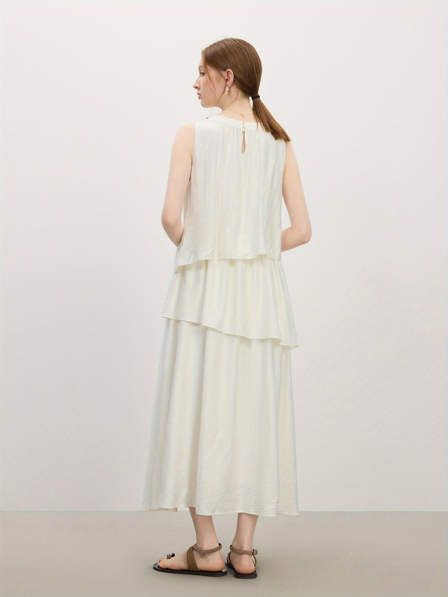 FSLE Women'S Sleeveless Halter Neck Dress - Lightweight Polyester, Tiered Ruffled Hem, Casual Summer Beachwear, Solid Color, Perfect for Vacation or Casual Attire, Beach Dress