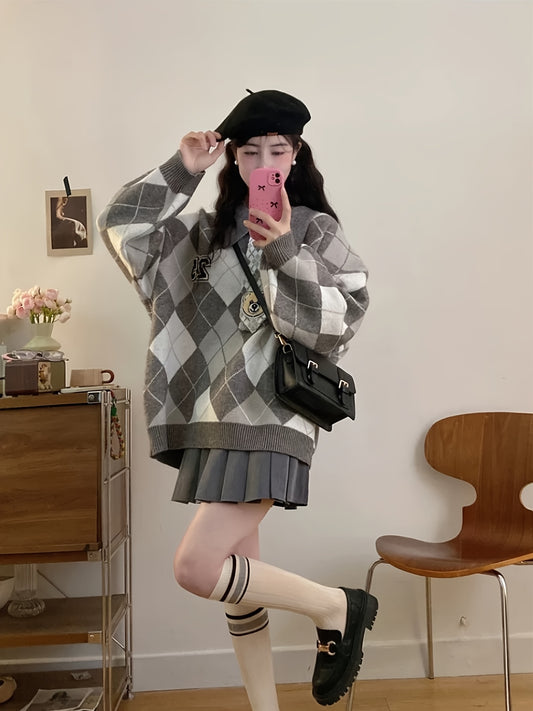 Women'S Casual Loose Fit Sweater with Diamond Pattern - Soft & Cozy Pullover for Spring\u002FFall, Long Sleeve, No Belt, Casual Style, Fall Fashion | Relaxed Fit Top | Knit Construction, Sweater Dress