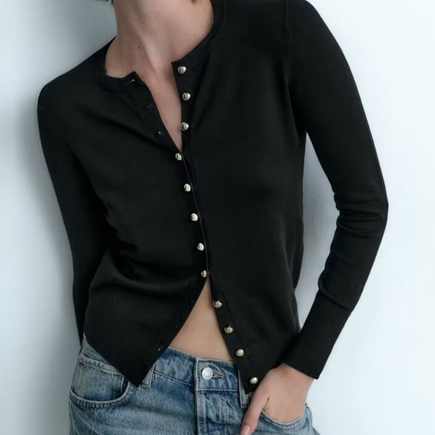 1pc Chic Polyester Crew Neck Cardigan for Women - Solid Color Knit Sweater with Buckle Detail, All-Season Fashion Pullover