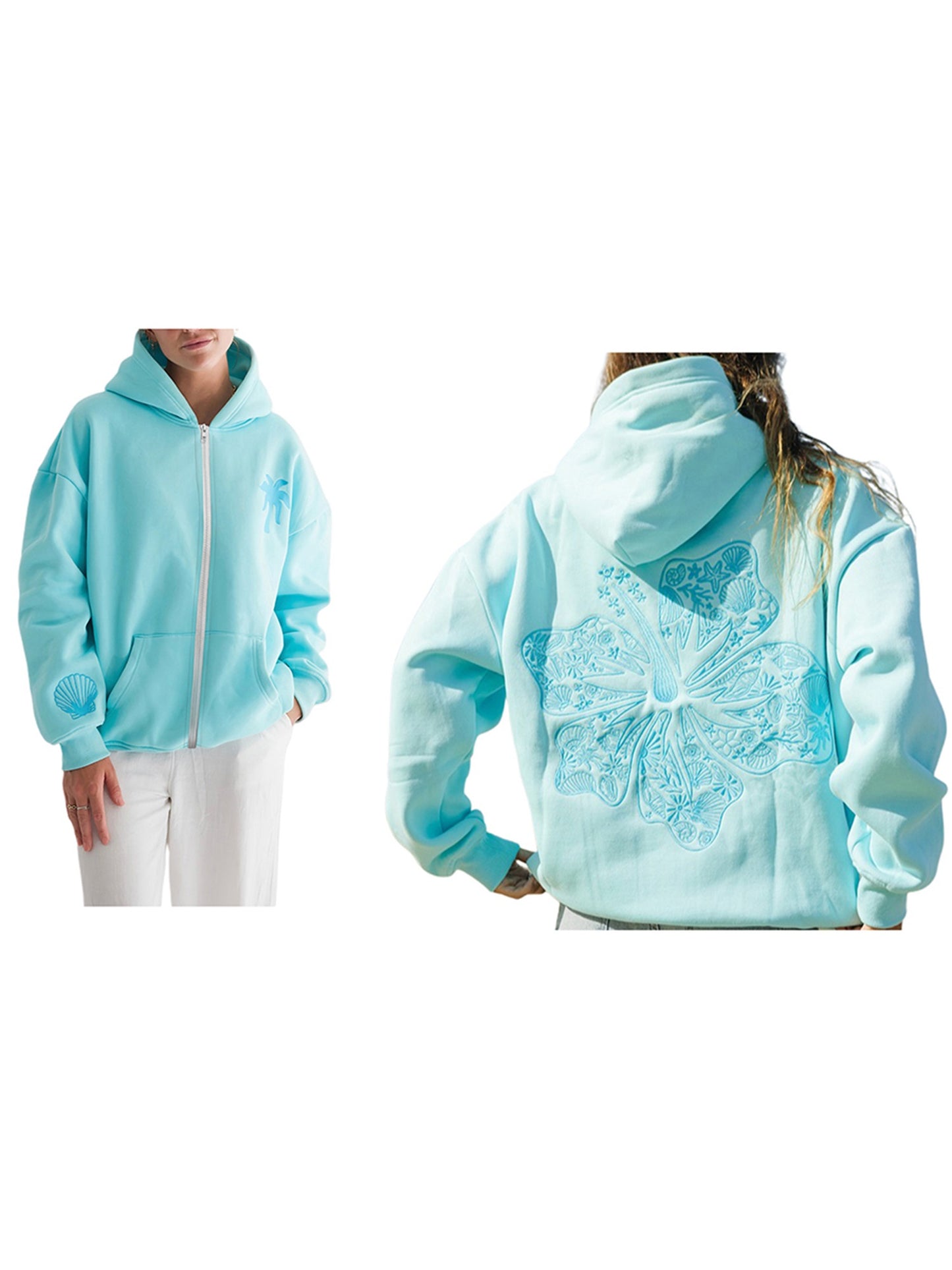 Women'S Loose Hoodies Shell Embroidered Zip-Up Hooded Long Sleeve Sweatshirts Fall Winter Casual Coat
