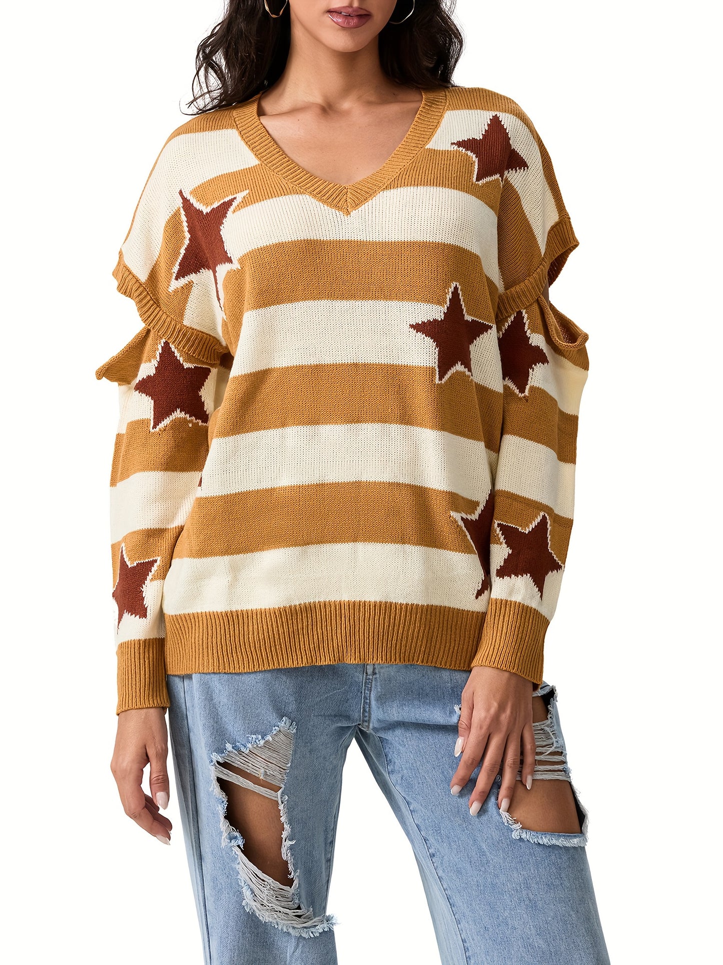 Vintage Style Women'S Knit Pullover Sweater, Crew Neck, Striped and Star Pattern, Long Sleeve, with Fake Button Detail, for Fall Season Warm Knit Fabric