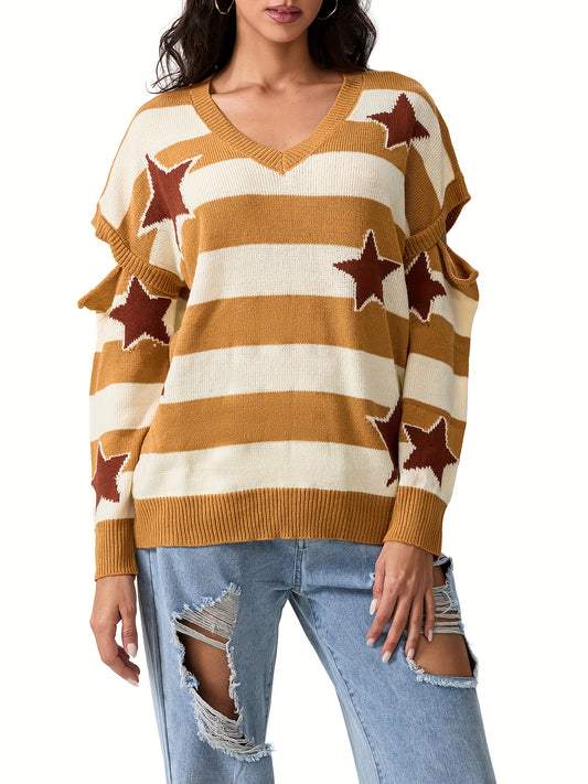 Vintage Style Women'S Knit Pullover Sweater, Crew Neck, Striped and Star Pattern, Long Sleeve, with Fake Button Detail, for Fall Season Warm Knit Fabric
