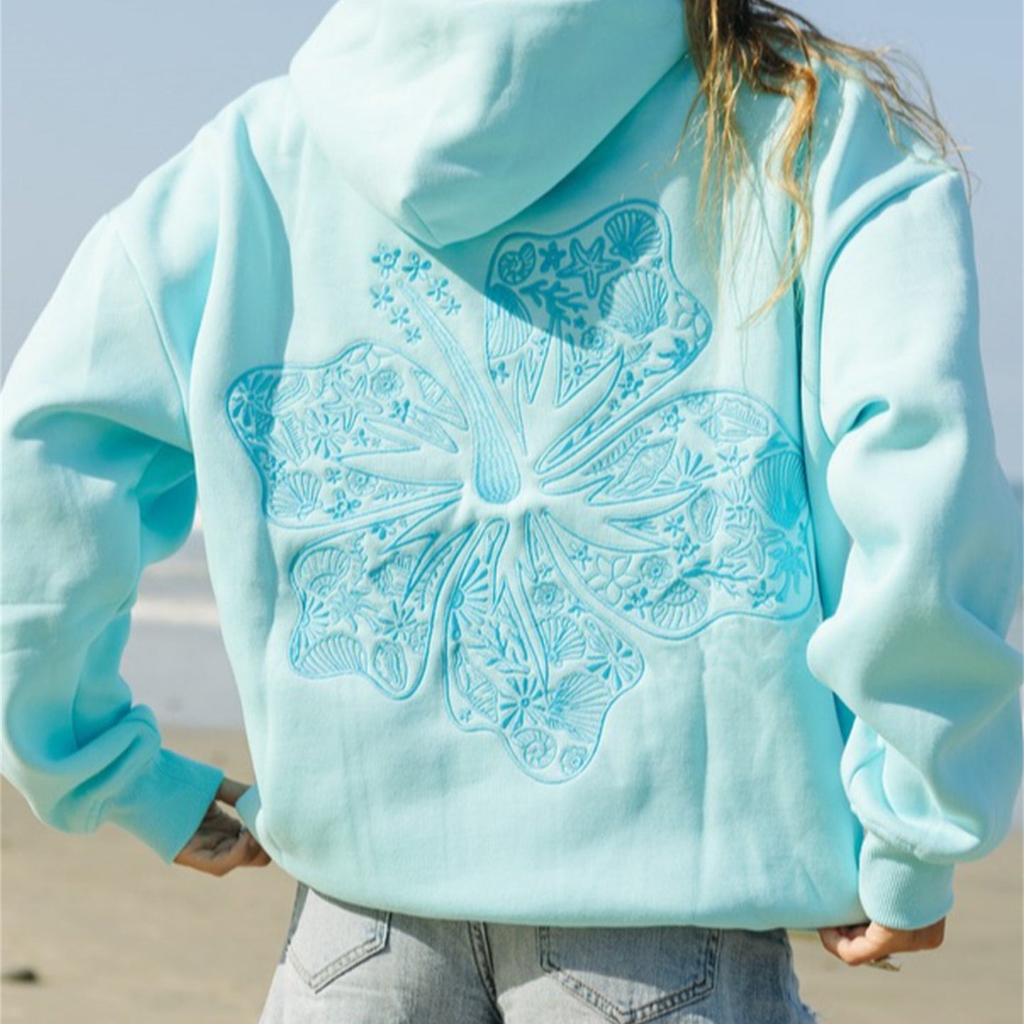 Long Sleeve Crew Neck Knit Polyester Hoodie - Women'S Beach-Themed Sweatshirt with Front Pocket, Slight Stretch, Printed Palm & Shell Design, Casual Sports Style Top