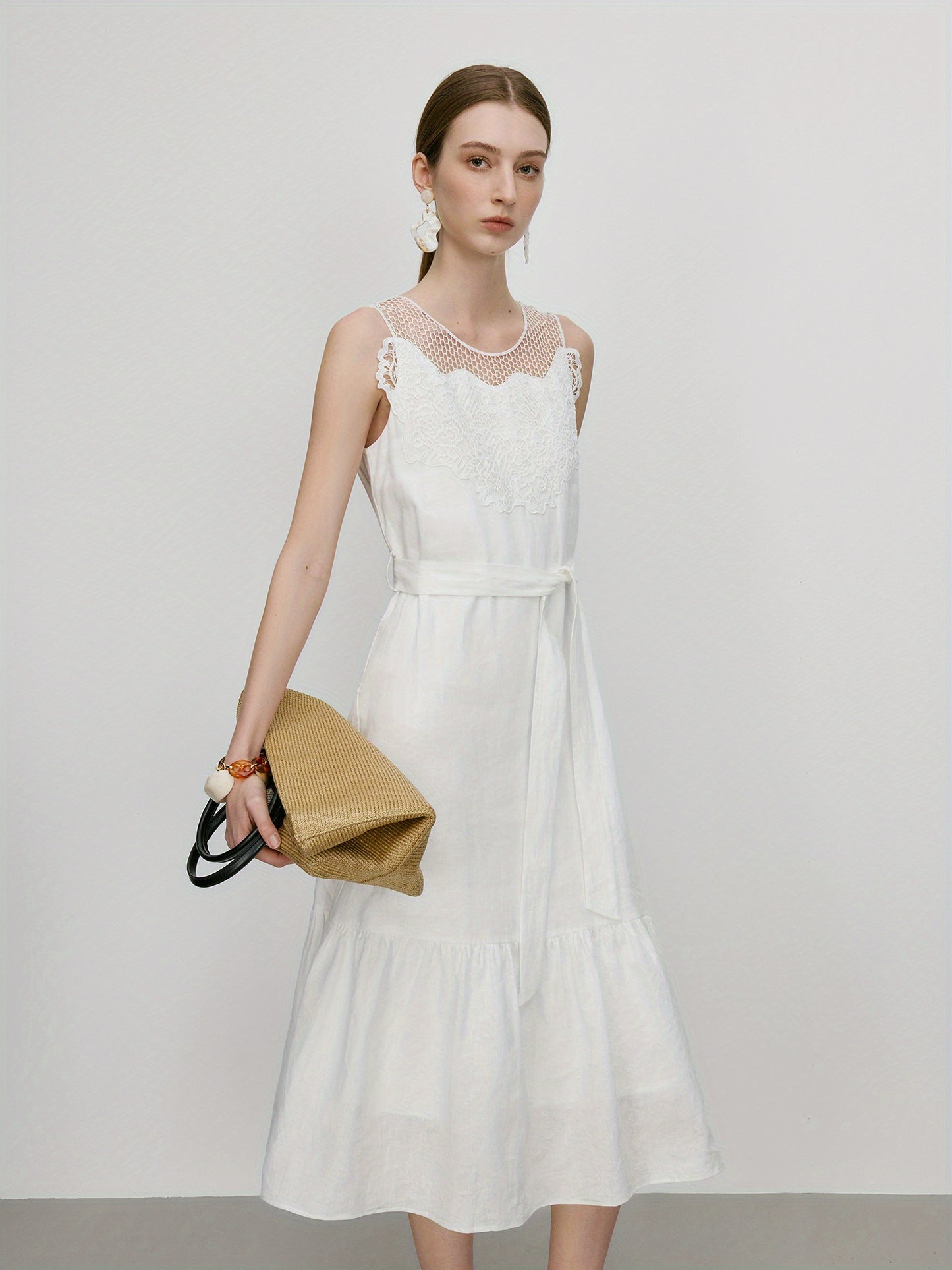 Elegant Midi Dress FSLE Elegant White Linen-Look Sleeveless Midi Dress | Summer 2025 Collection, Casual Yet Chic Design for Spring\u002FSummer, Ruffled Hem with Lace Detailing