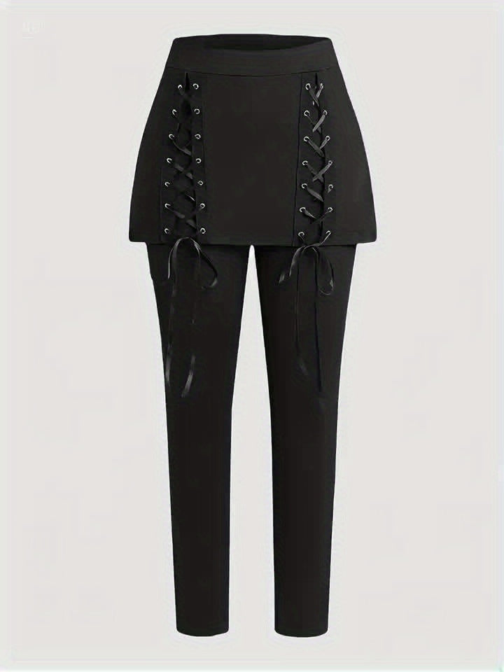 Comfortable Stretch Gothic Style Lace-Up Skirt Pants | 100% Polyester | Comfortable Stretch Fit | Casual, All-Season | Women