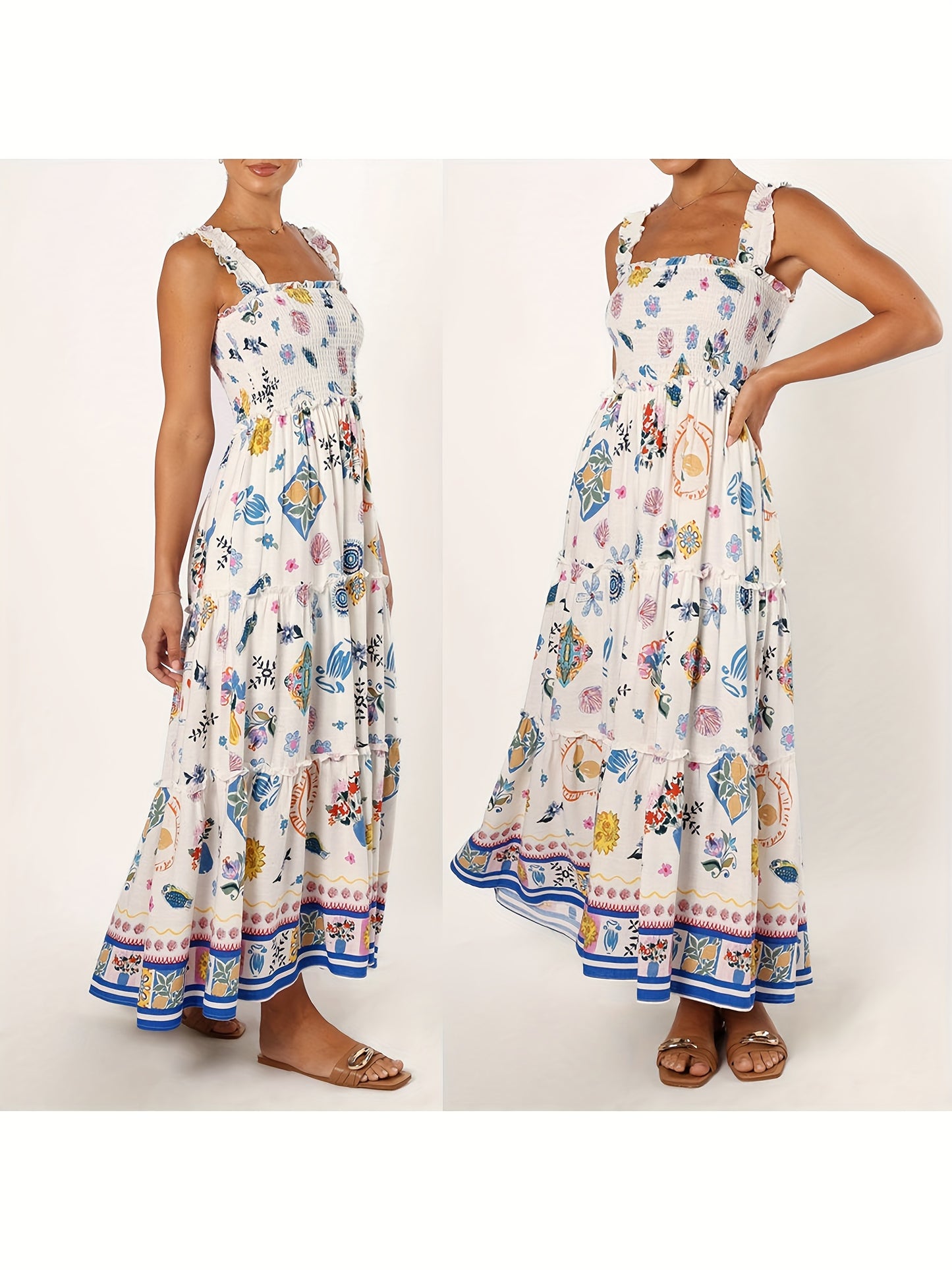 1pc Women'S Vacation Style Strapless A-Line Dress - Sleeveless Backless Polyester Beach Dress with Color Block Floral & Fruit Print, Woven Flowy Dress for All Seasons