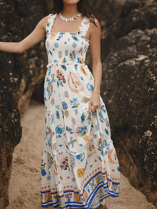 1pc Women'S Vacation Style Strapless A-Line Dress - Sleeveless Backless Polyester Beach Dress with Color Block Floral & Fruit Print, Woven Flowy Dress for All Seasons