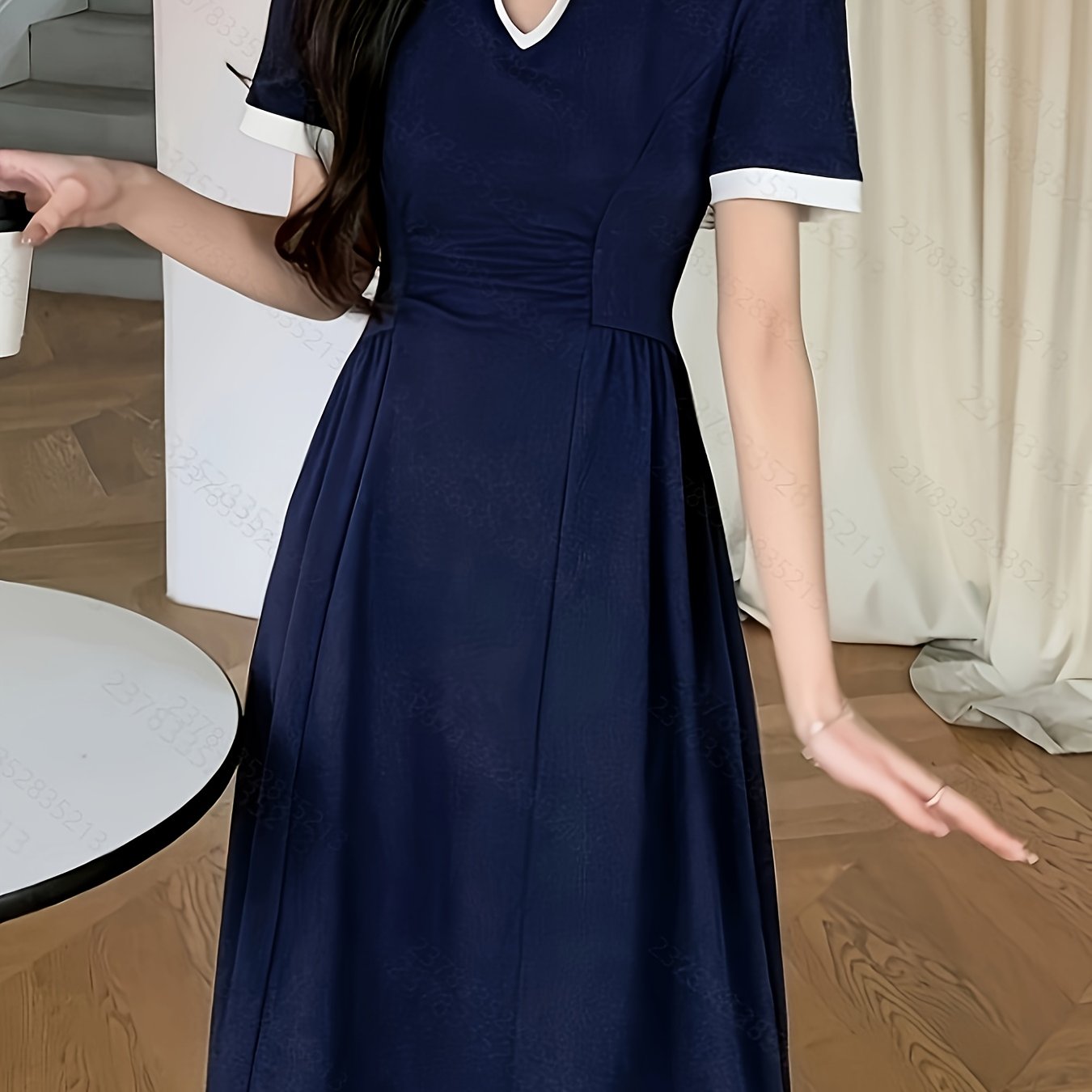 Navy Blue Midi Dress Navy Blue Elegant Midi Dress for Women | Short Sleeve, Collar, Cinched Waist, Flowy Design, Nontransparent Material, Perfect for Casual or Formal Occasions, Allseason Attire