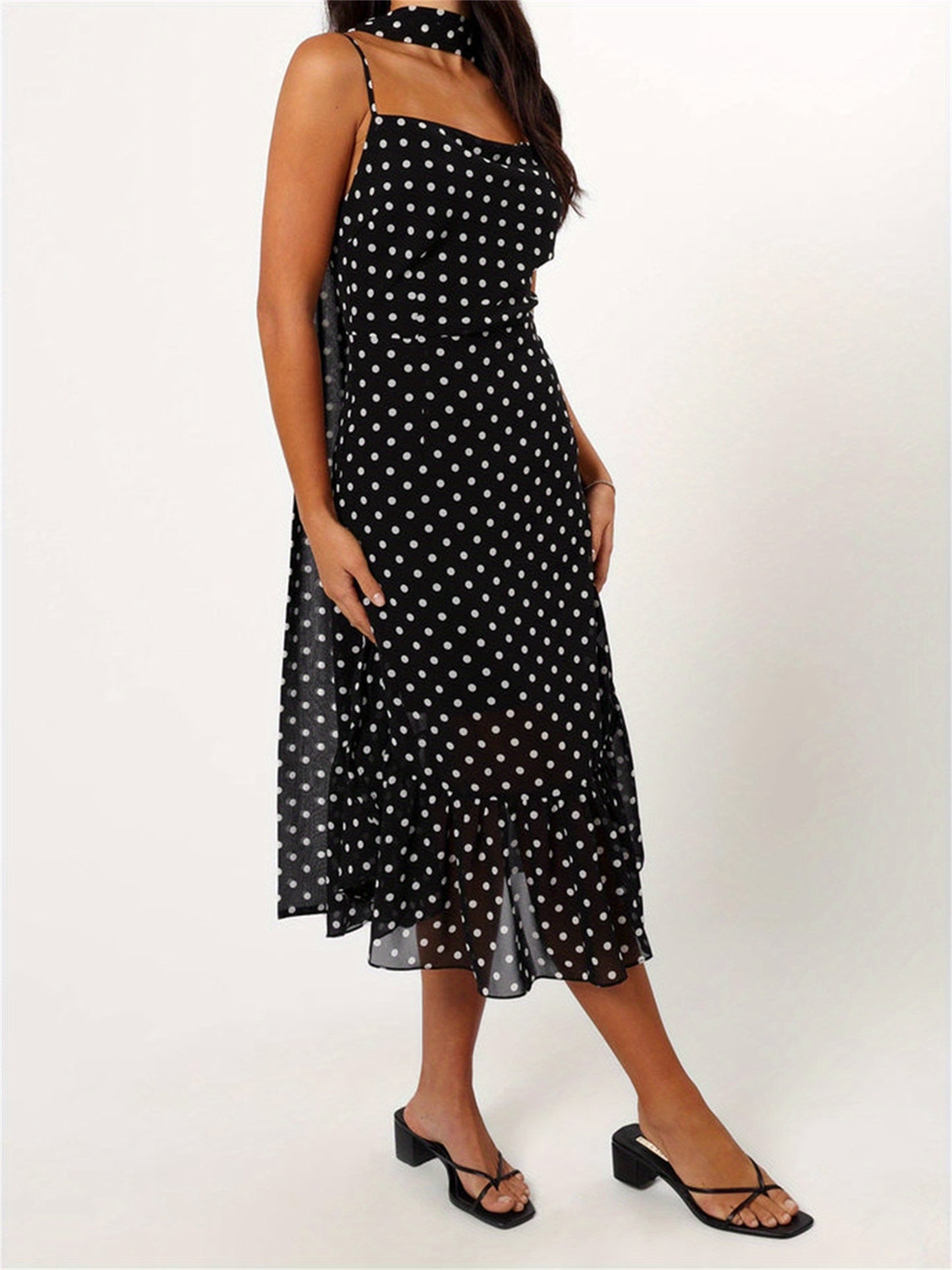 Women Summer Spaghetti Strap Dress Casual Dot Print Ruffle Party Dress and Scarf for Vacation Beach Streetwear