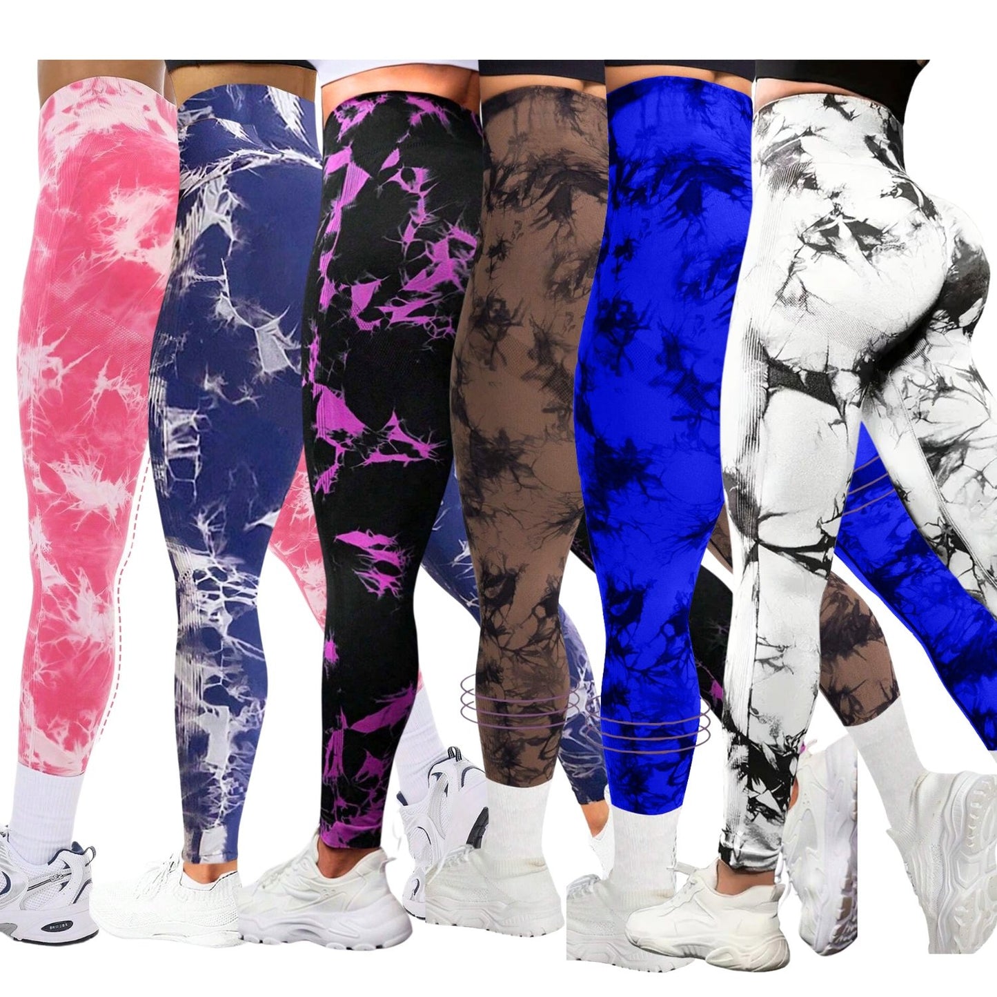 6 Pcs Women's High Waist Tummy Control Tie-Dye Yoga Pants, High Quality Seamless Sport Leggings, Butt Lifting Workout Tights for Gym and Daily Wear