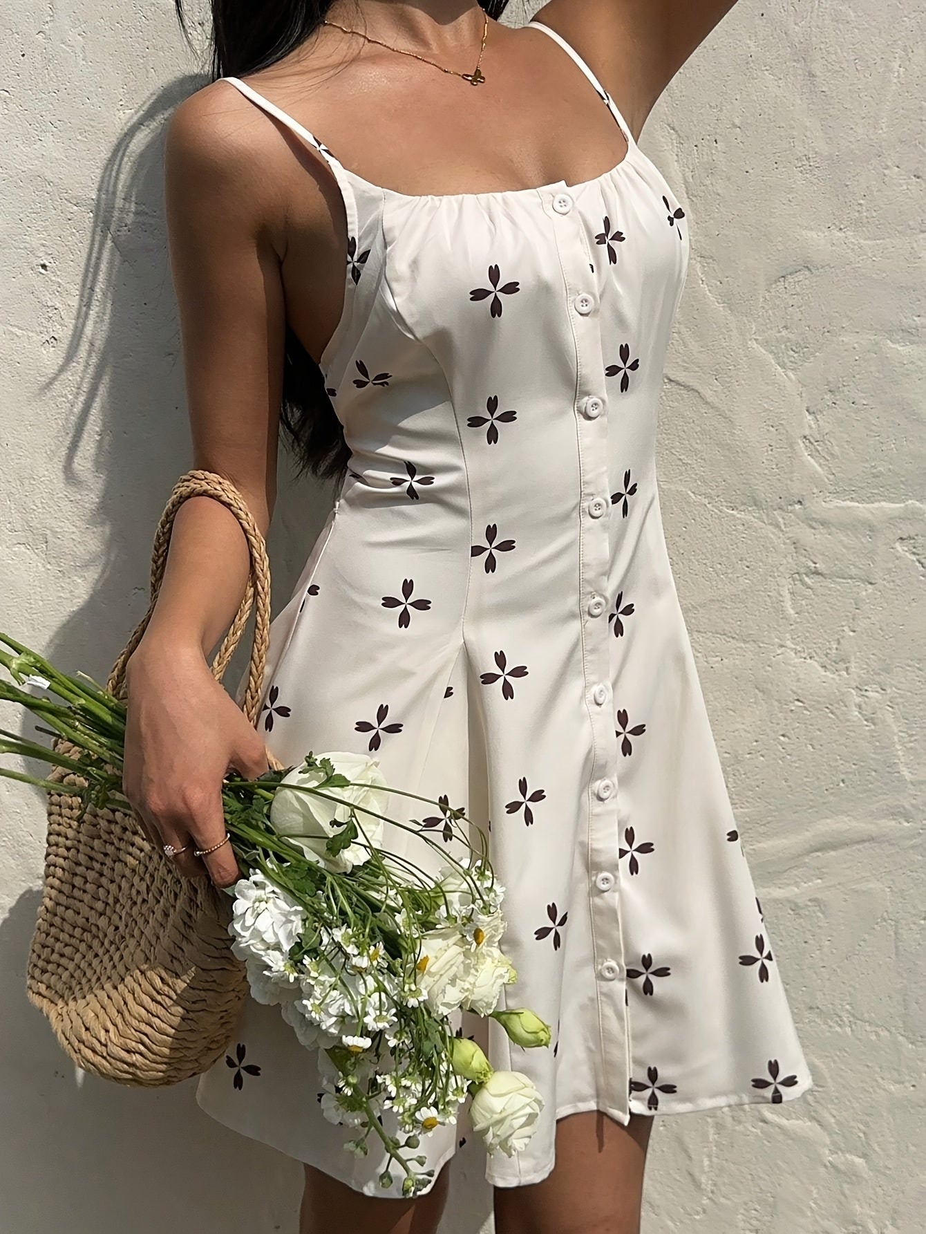 Women'S Sleeveless Floral Print Dress - Chic Strapless Mini Dress with Button Details, Perfect for Spring\u002FSummer, Casual to Formal Wear, Casual Dressing | Floral Print Dress | Sleeveless Dress