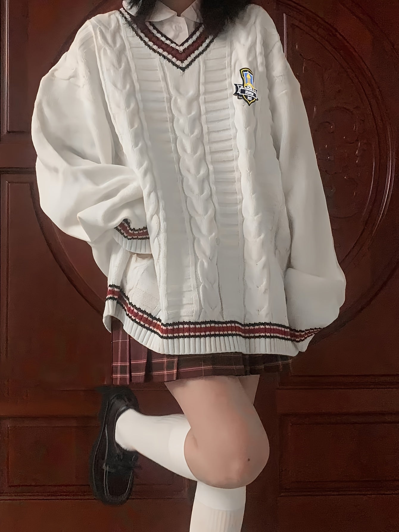 Japanese JK Uniform Sweater Loose Fit Women's Japanese JK Uniform V-Neck Sweater | Color-Block Contrast Trim, Braided Emblem Detail, Long Sleeve Knit Top for Casual & Outfits