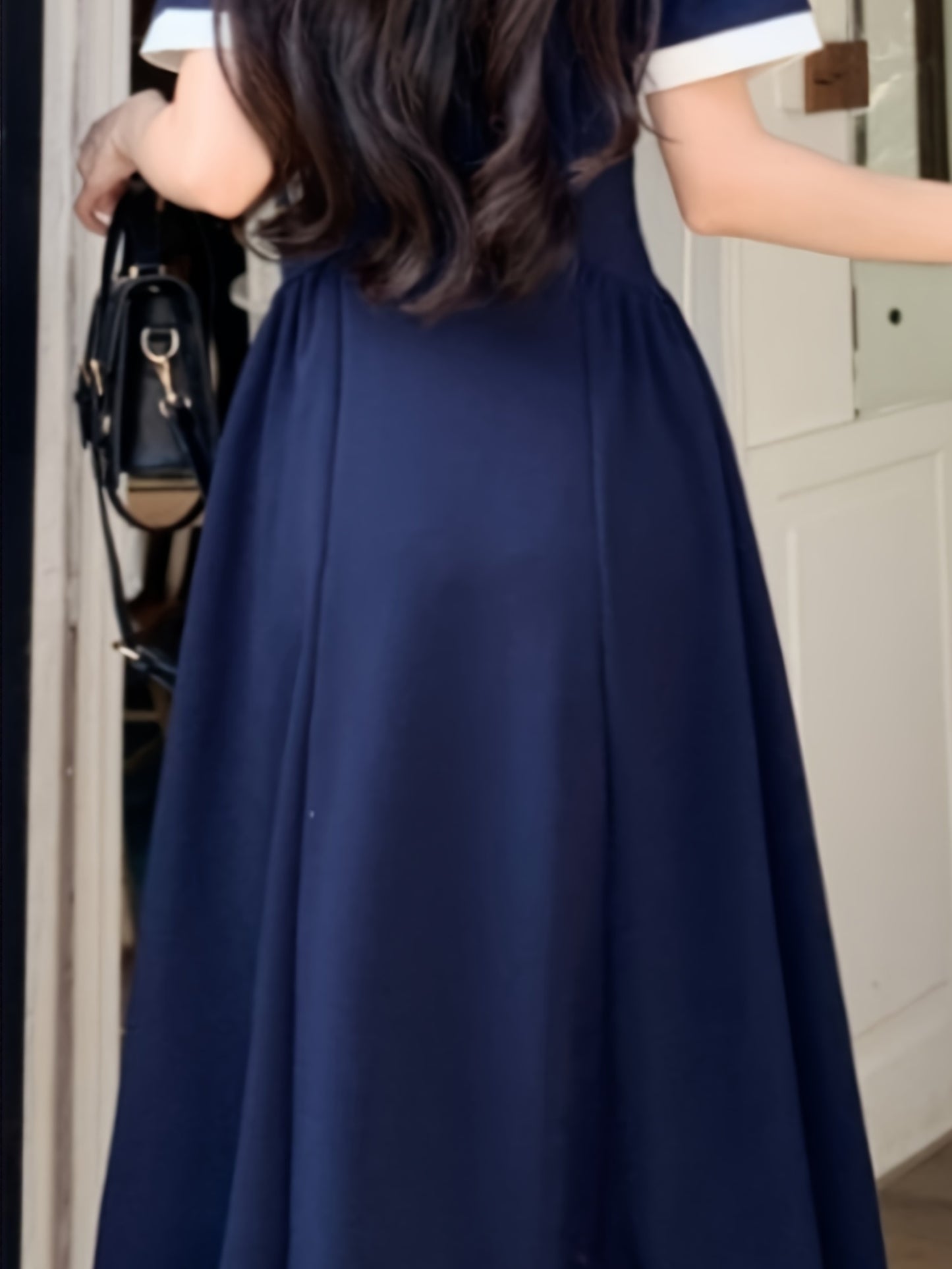 Navy Blue Midi Dress Navy Blue Elegant Midi Dress for Women | Short Sleeve, Collar, Cinched Waist, Flowy Design, Nontransparent Material, Perfect for Casual or Formal Occasions, Allseason Attire