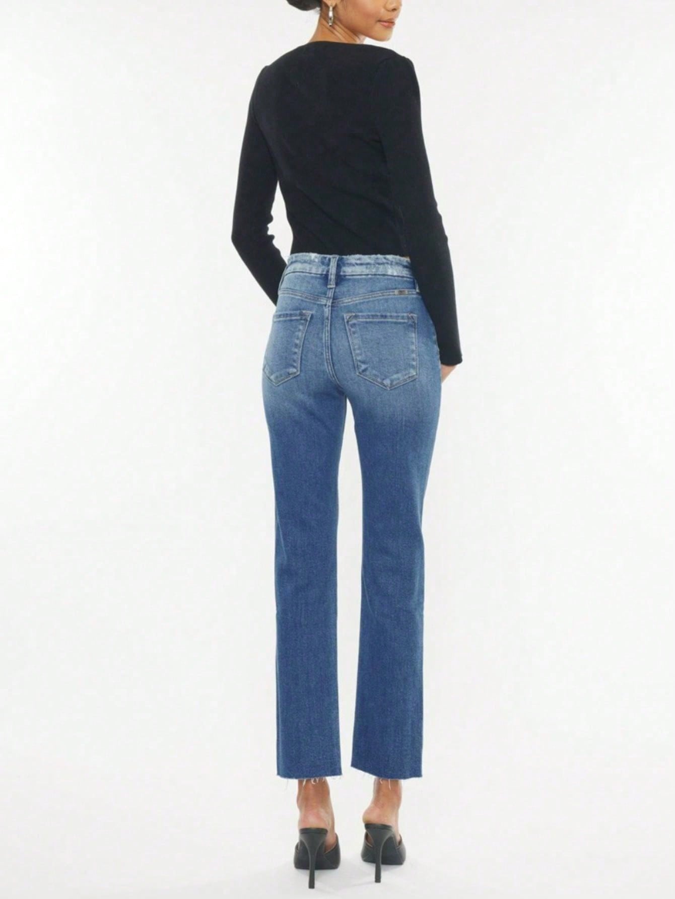 Women's Casual Jeans Fashion High-Waist Raw Hem Crop Straight-Leg Denim Pants Medium Blue Button And Zipper Closure Slim Fit Ankle Length Great For Spring\u002FSummer\u002FFall Daily Wear