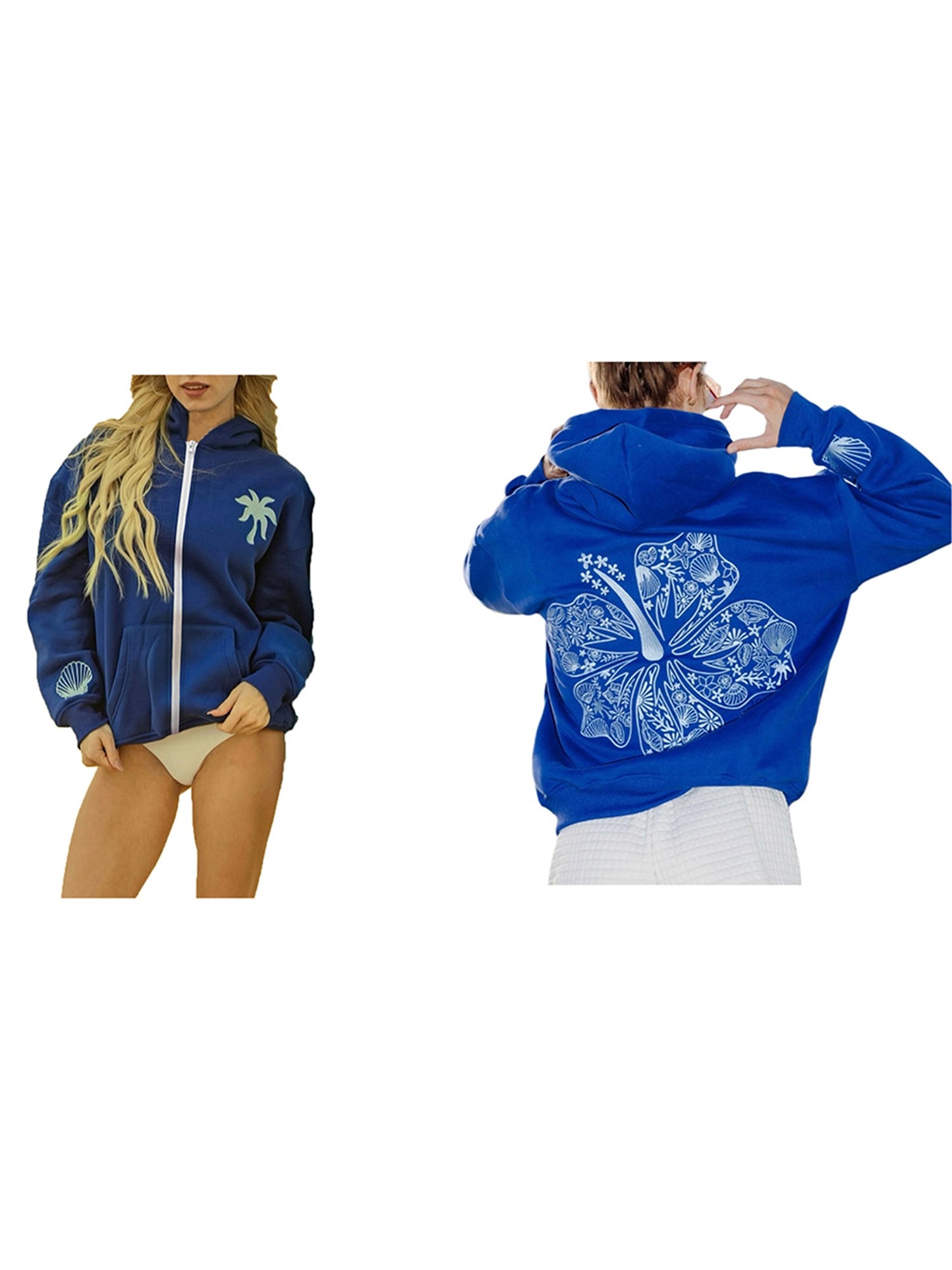 Women'S Loose Hoodies Shell Embroidered Zip-Up Hooded Long Sleeve Sweatshirts Fall Winter Casual Coat