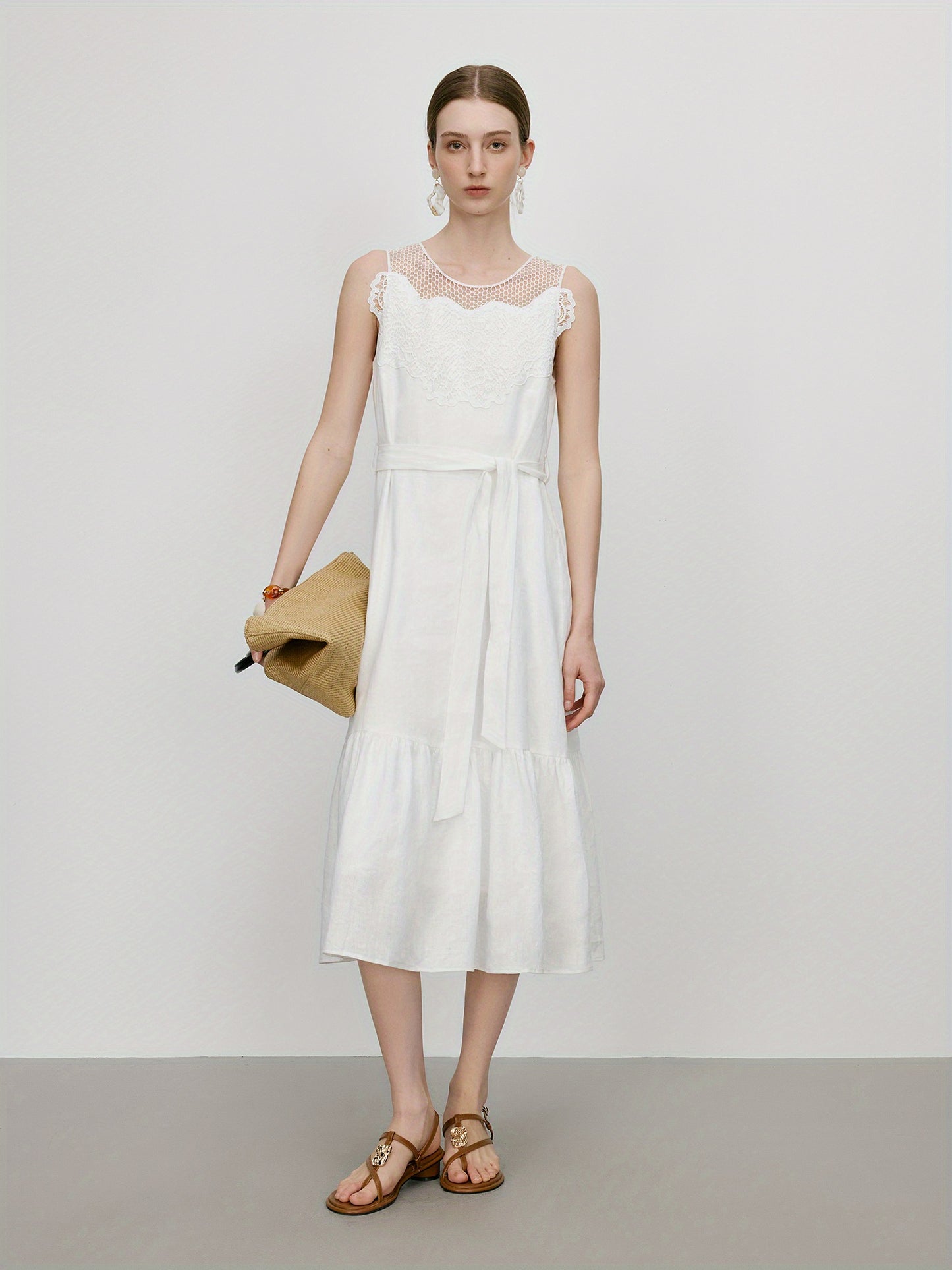 Elegant Midi Dress FSLE Elegant White Linen-Look Sleeveless Midi Dress | Summer 2025 Collection, Casual Yet Chic Design for Spring\u002FSummer, Ruffled Hem with Lace Detailing