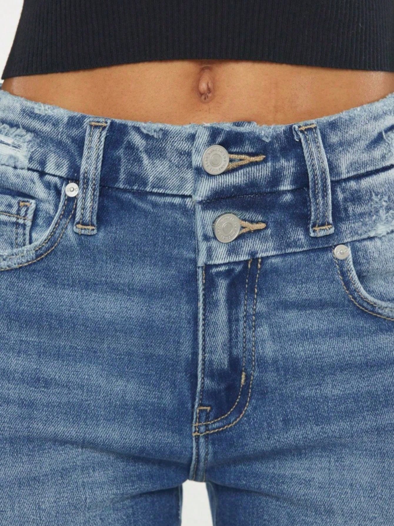 Women's Casual Jeans Fashion High-Waist Raw Hem Crop Straight-Leg Denim Pants Medium Blue Button And Zipper Closure Slim Fit Ankle Length Great For Spring\u002FSummer\u002FFall Daily Wear