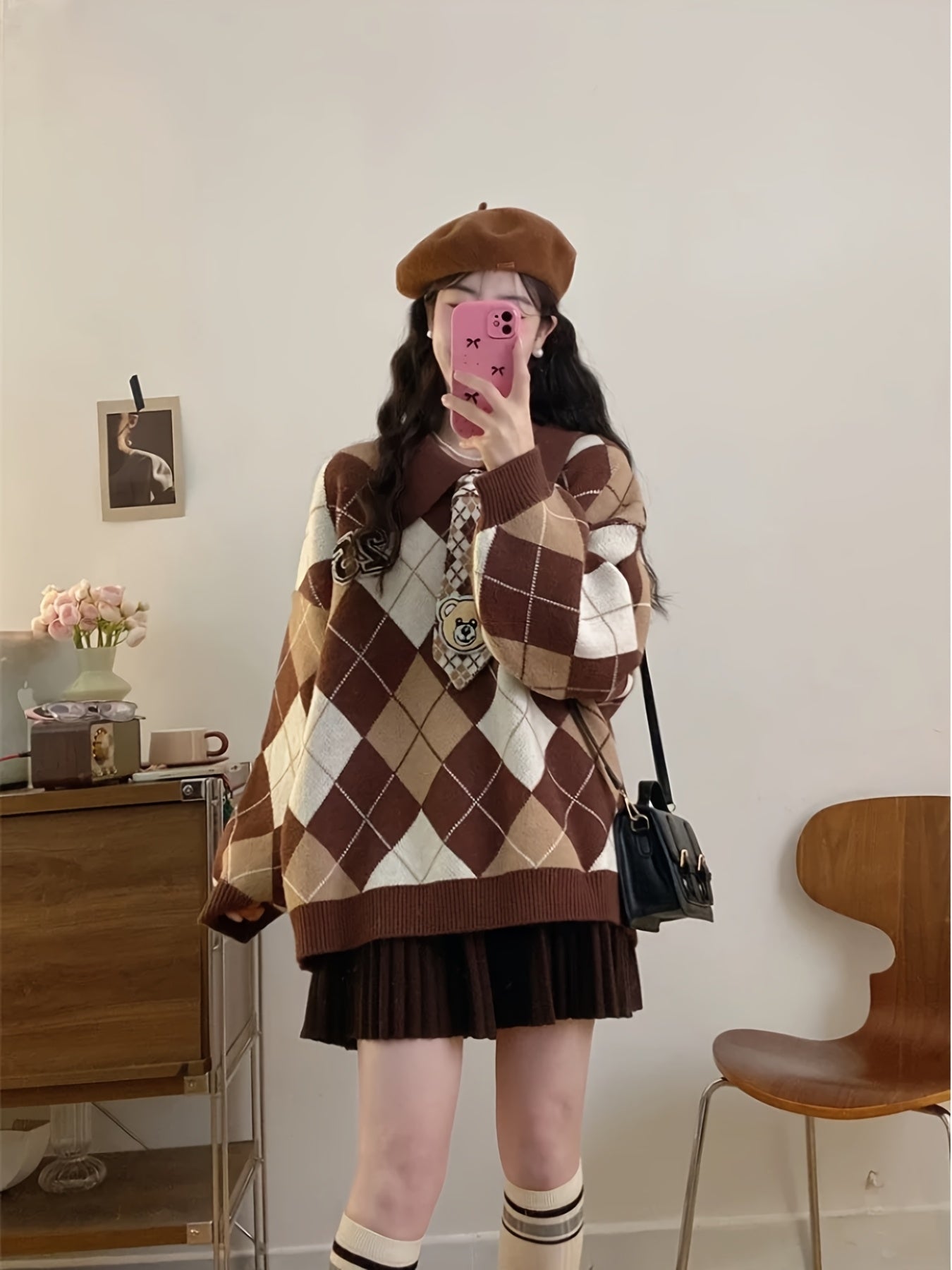 Women'S Casual Loose Fit Sweater with Diamond Pattern - Soft & Cozy Pullover for Spring\u002FFall, Long Sleeve, No Belt, Casual Style, Fall Fashion | Relaxed Fit Top | Knit Construction, Sweater Dress
