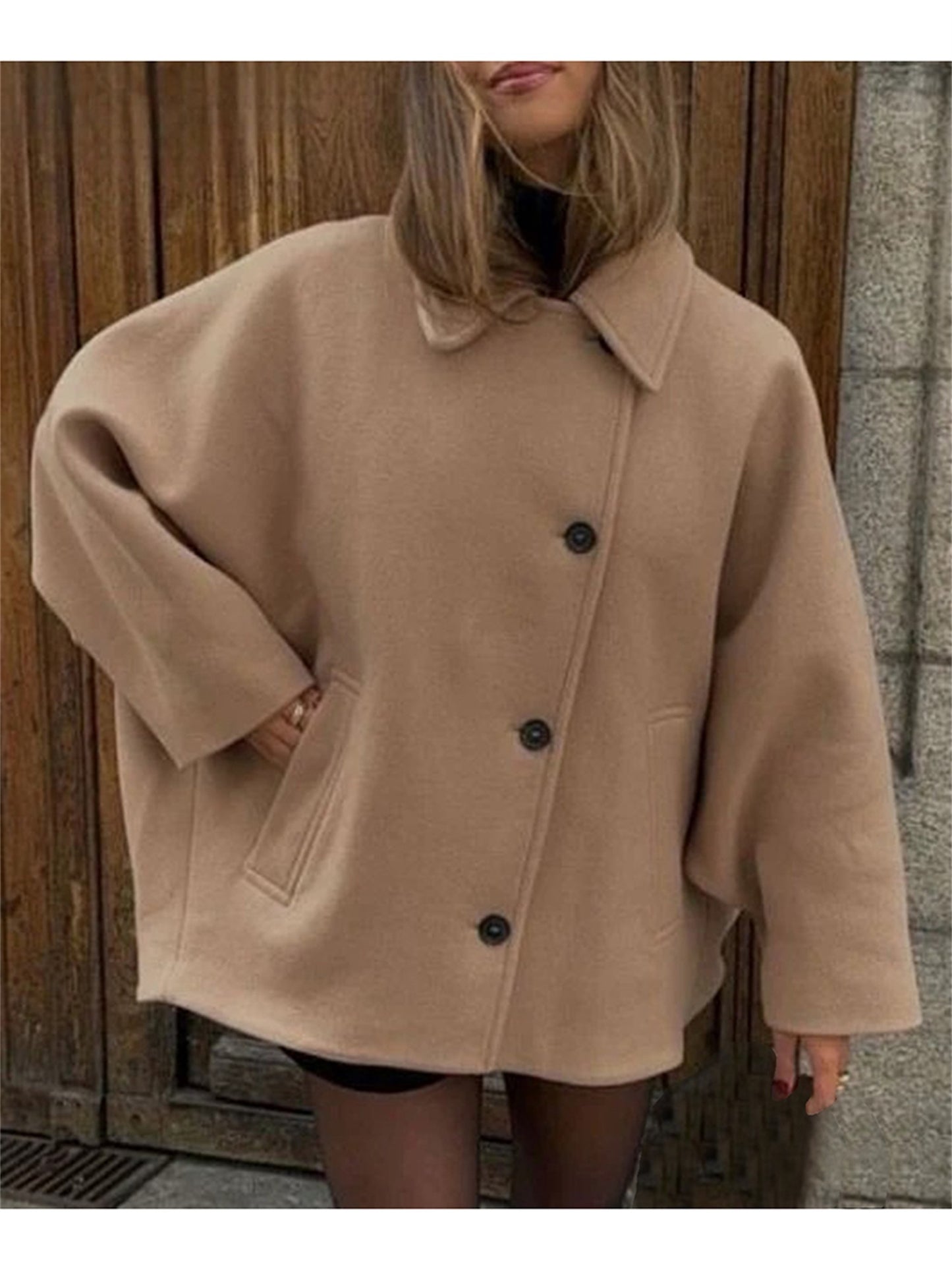 Women's Long Sleeve Plush Tie Front Button Coat - Warm Beige Lapel Collar Jacket for Fall and Winter, Casual Office & Streetwear, Machine Washable Polyester Outerwear, Fall Fashion Wear | Doublebreasted Coat | Polyester Fabric