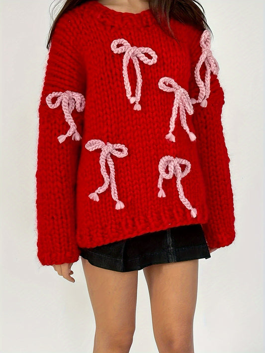 Women'S Crewneck Knit Sweater with 3D Bow Detail - Casual Polyamide Pullover for Fall\u002FWinter, Solid Color Long Sleeve Knitwear