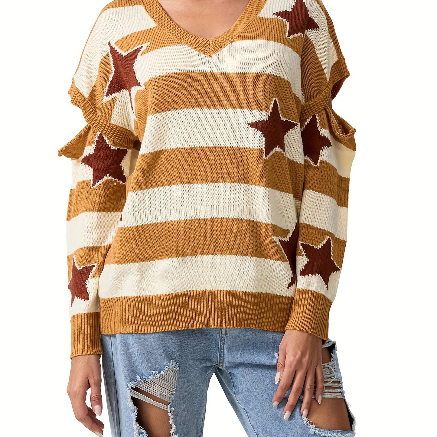 Vintage Style Women'S Knit Pullover Sweater, Crew Neck, Striped and Star Pattern, Long Sleeve, with Fake Button Detail, for Fall Season Warm Knit Fabric