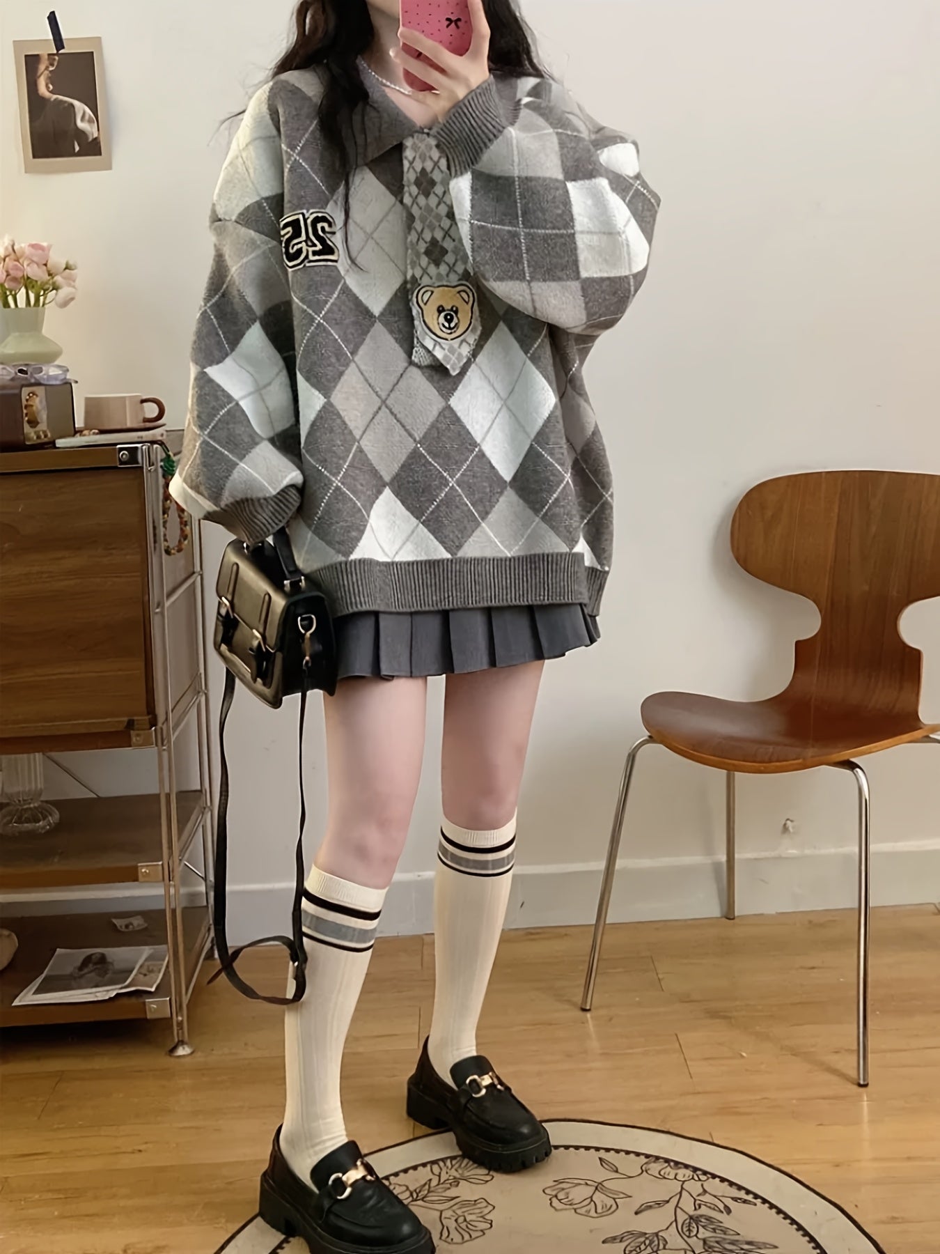 Women'S Casual Loose Fit Sweater with Diamond Pattern - Soft & Cozy Pullover for Spring\u002FFall, Long Sleeve, No Belt, Casual Style, Fall Fashion | Relaxed Fit Top | Knit Construction, Sweater Dress