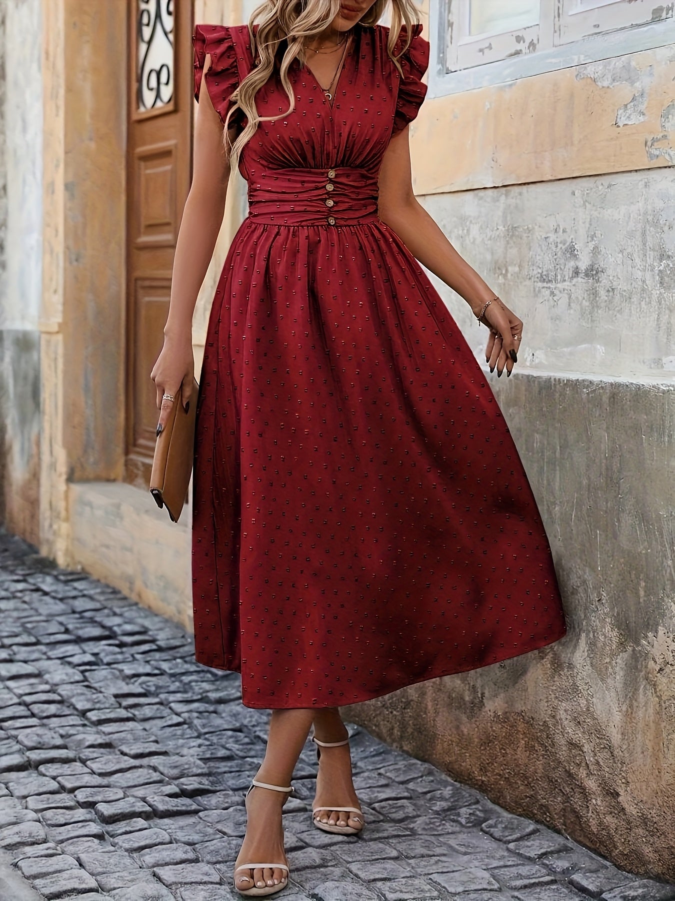 Women's Bohemian V-Neck Sleeveless Midi Dress - High Waist Ruched Detail, Vibrant Pink, Machine Washable Summer Casual & Party Dress for Women, Event Attire, Elegant Design, Flowy Skirt Style