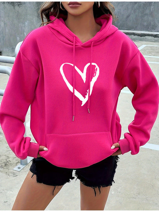 Women'S Pink Hoodie with Heart & Floral Graphic - Cozy Fall\u002FWinter Pullover, Casual Style, Drawstring Hood, Frayed Hem, Long Sleeve, Polyester Blend, Machine Washable, Casual Wear Hoodie | Elegant Casual Hoodie | Frayed Hem Hoodie