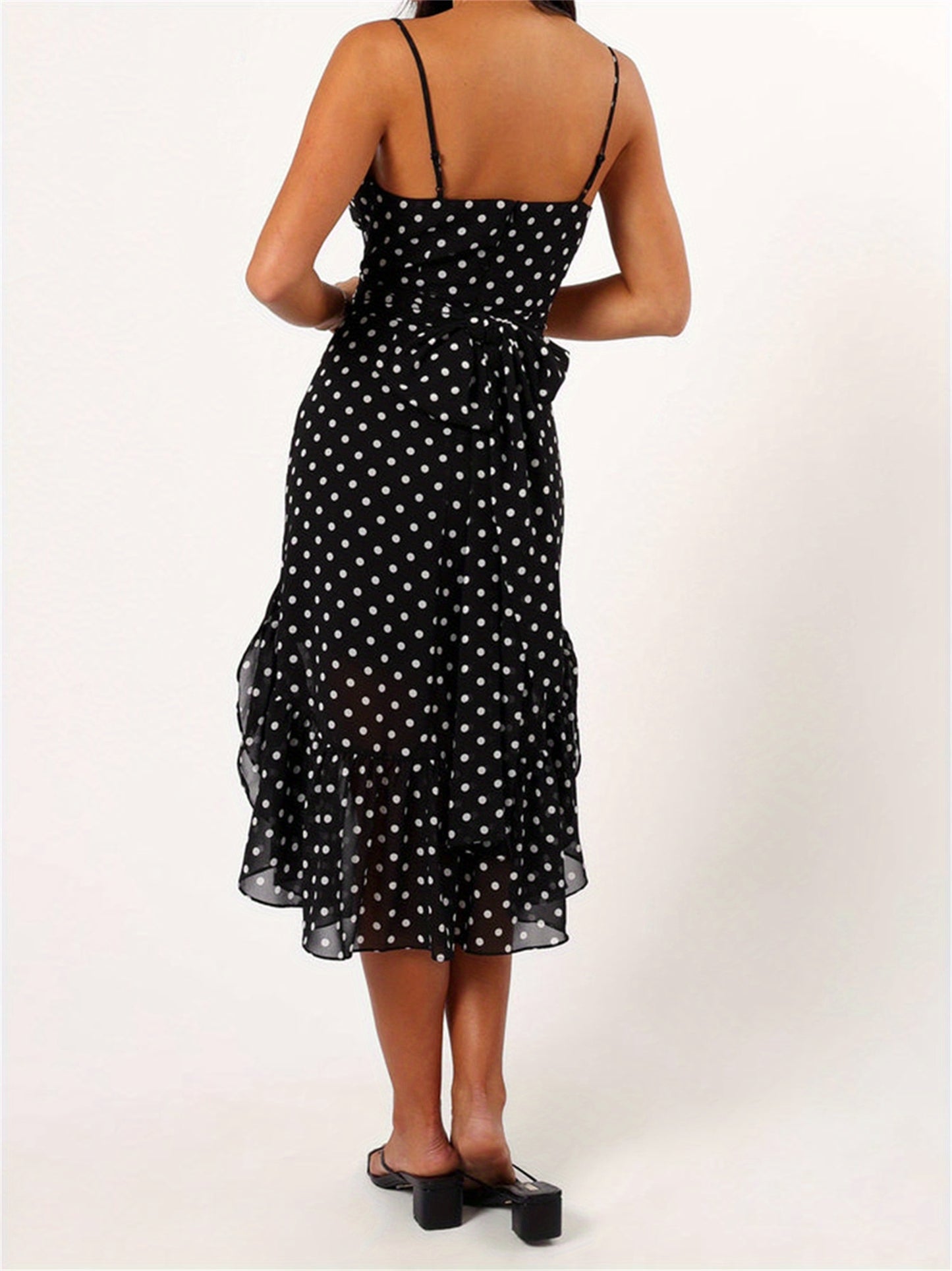Women Summer Spaghetti Strap Dress Casual Dot Print Ruffle Party Dress and Scarf for Vacation Beach Streetwear