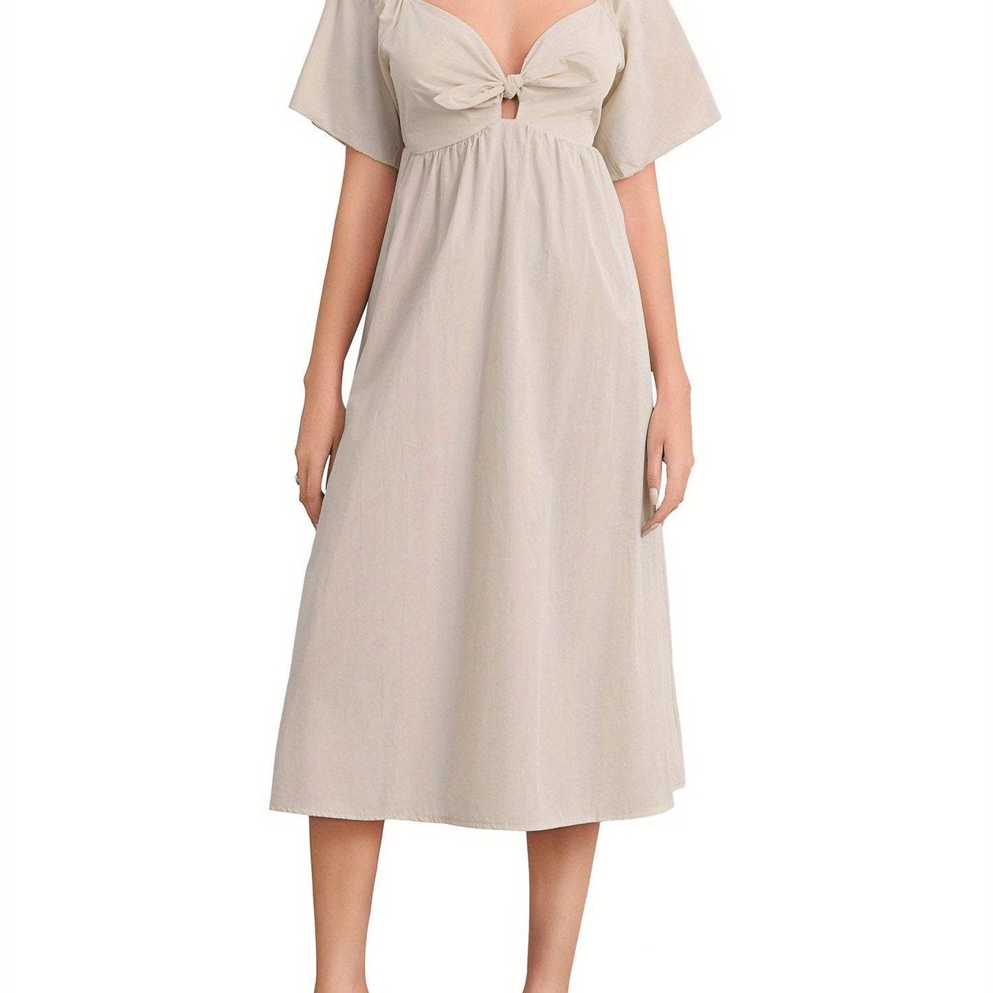 1pc Elegant Women'S Midi Dress - Sexy Square Neckline, Knotted V-Neck Detail, Ruched Short Sleeves, A-Line Silhouette, Polyester Woven Fabric, Solid Color, Versatile for All Seasons