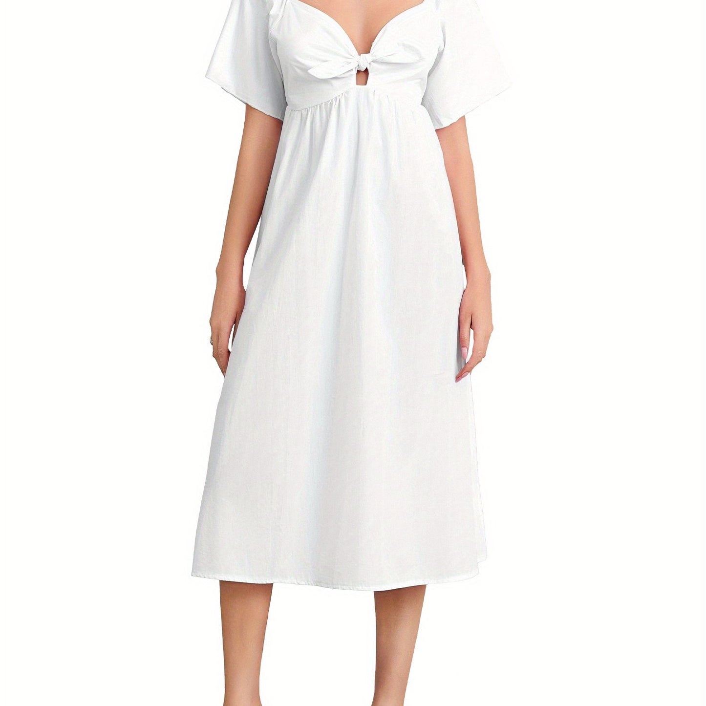 1pc Elegant Women'S Midi Dress - Sexy Square Neckline, Knotted V-Neck Detail, Ruched Short Sleeves, A-Line Silhouette, Polyester Woven Fabric, Solid Color, Versatile for All Seasons