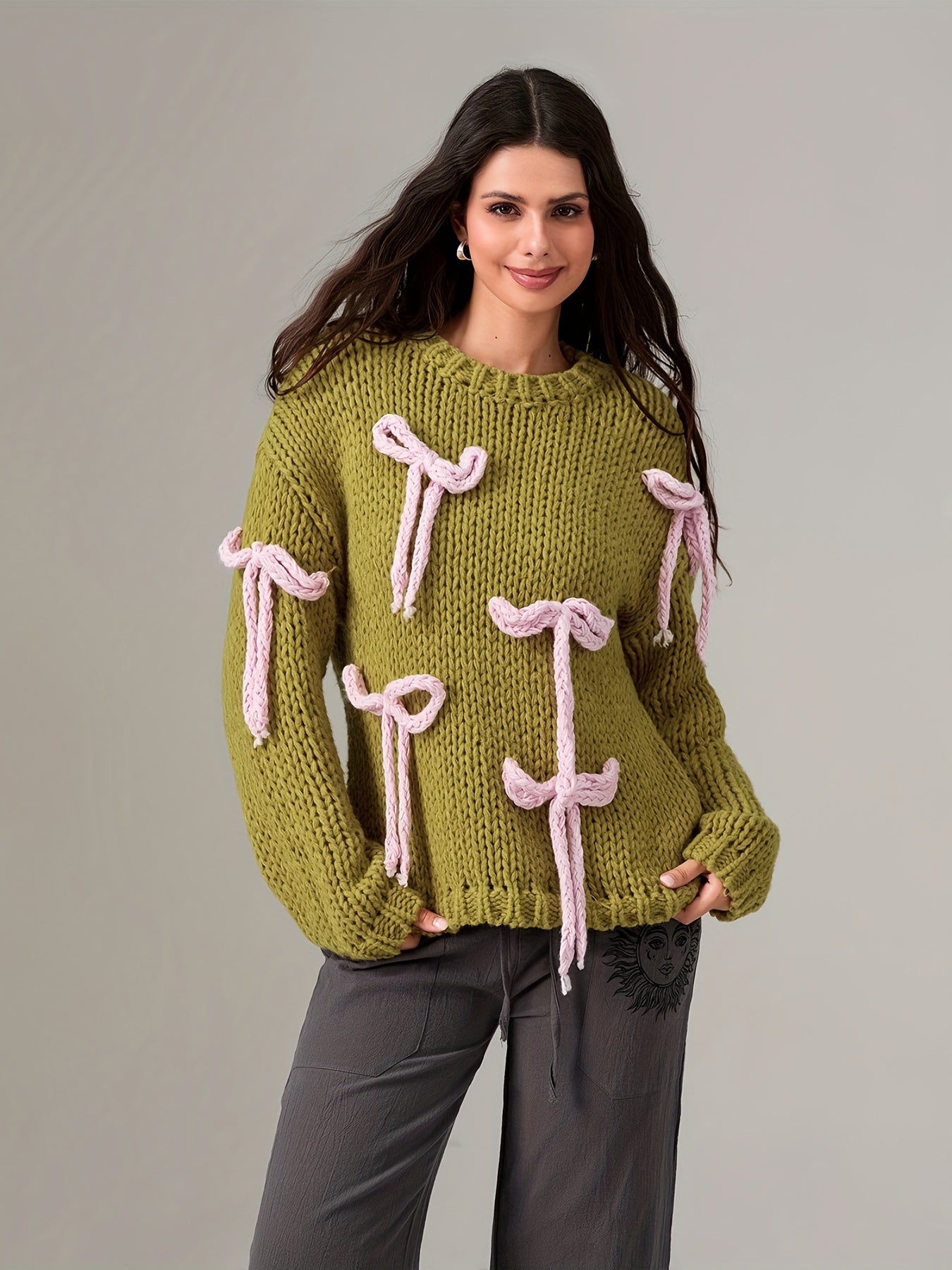 Women'S Crewneck Knit Sweater with 3D Bow Detail - Casual Polyamide Pullover for Fall\u002FWinter, Solid Color Long Sleeve Knitwear