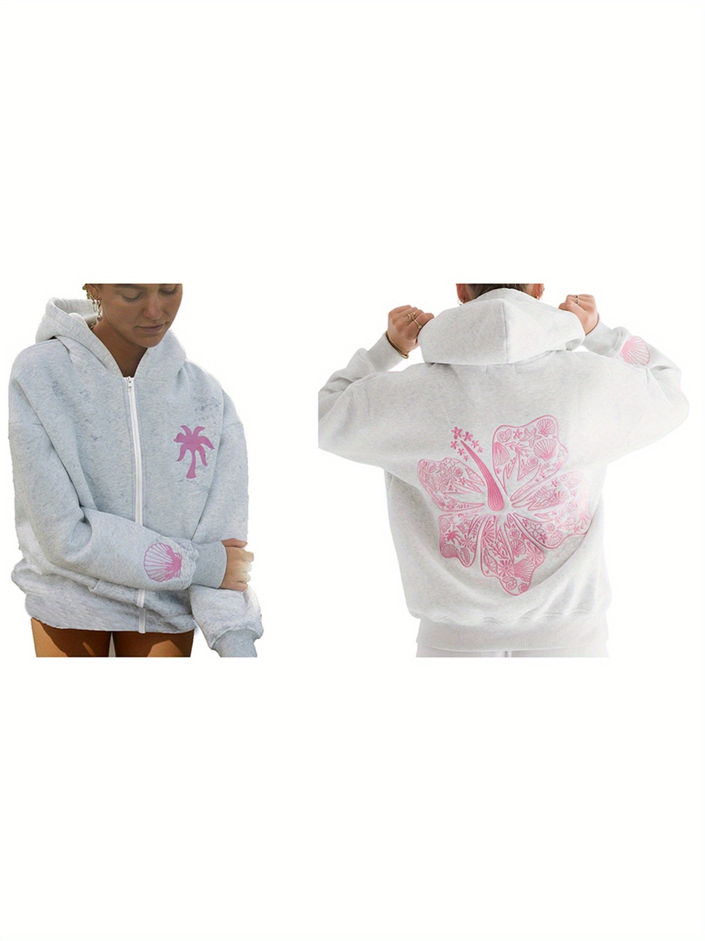 Women'S Loose Hoodies Shell Embroidered Zip-Up Hooded Long Sleeve Sweatshirts Fall Winter Casual Coat