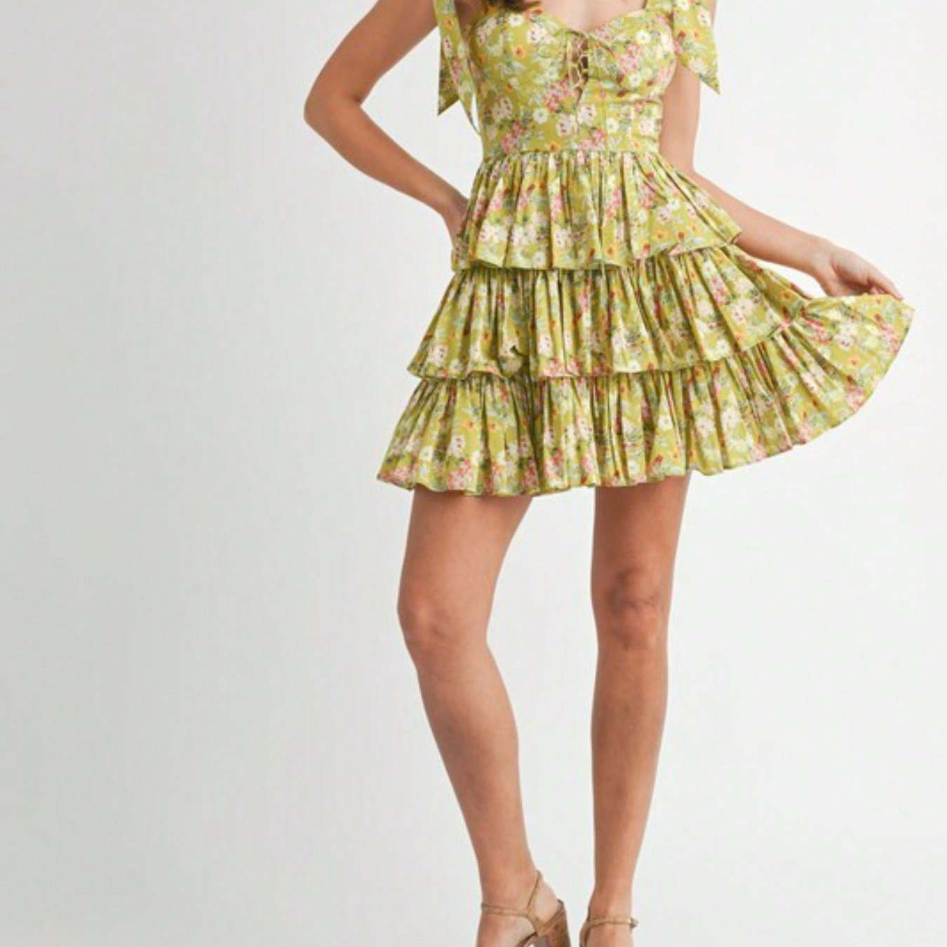 Womens Casual Floral Print Romantic Chic Bow Shoulder Tiered Ruffle Mini Dress Sweetheart Neckline Sleeveless Yellow Green Spring Summer Garden Party Sundress