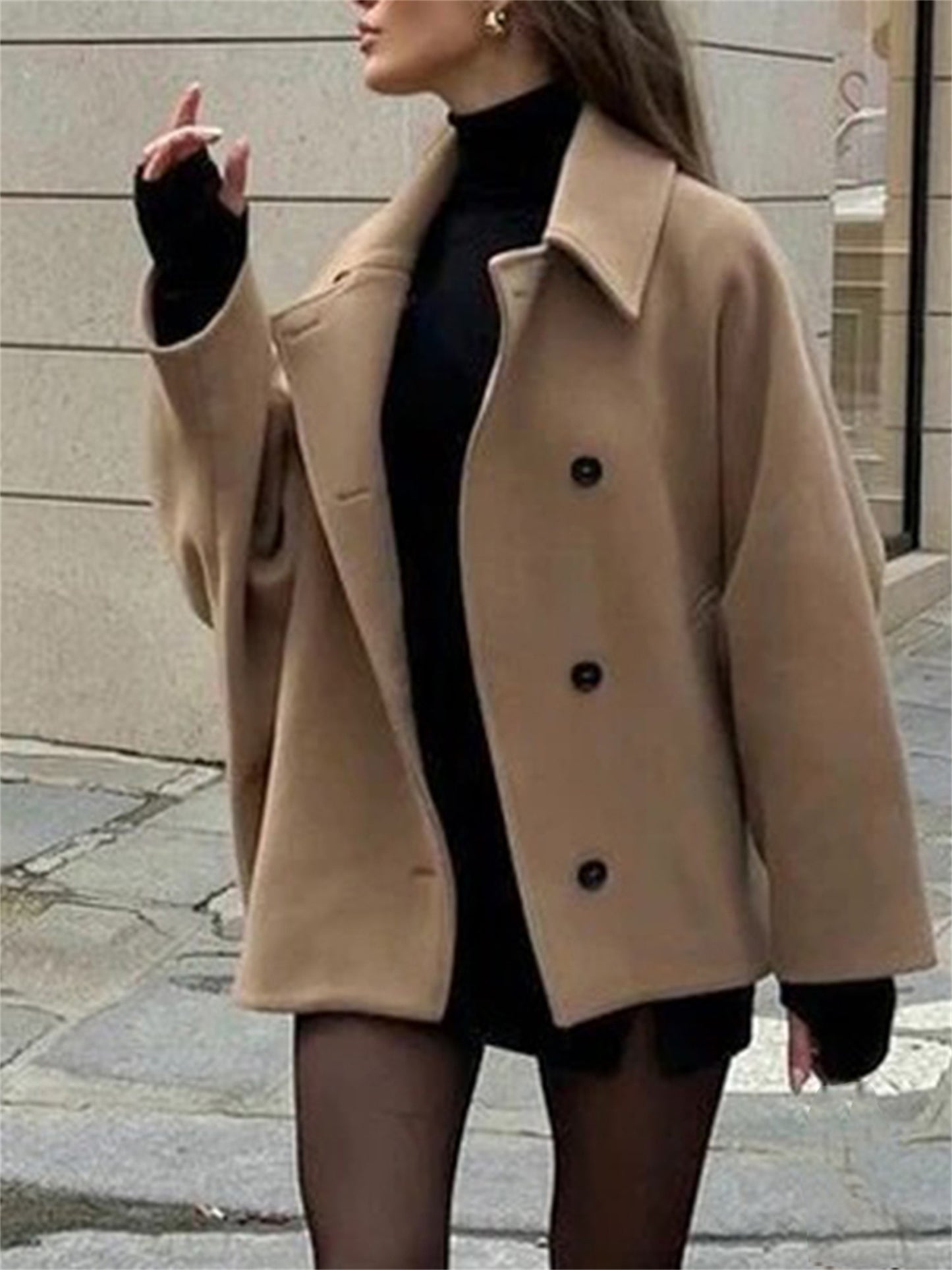 Women's Long Sleeve Plush Tie Front Button Coat - Warm Beige Lapel Collar Jacket for Fall and Winter, Casual Office & Streetwear, Machine Washable Polyester Outerwear, Fall Fashion Wear | Doublebreasted Coat | Polyester Fabric