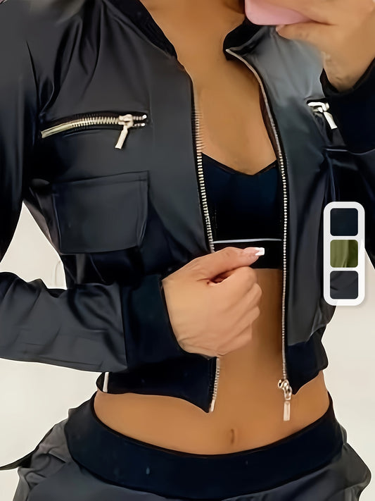 Zipper Solid Crop Jacket, Y2K Long Sleeve Jacket For Spring & Fall, Women's Clothing