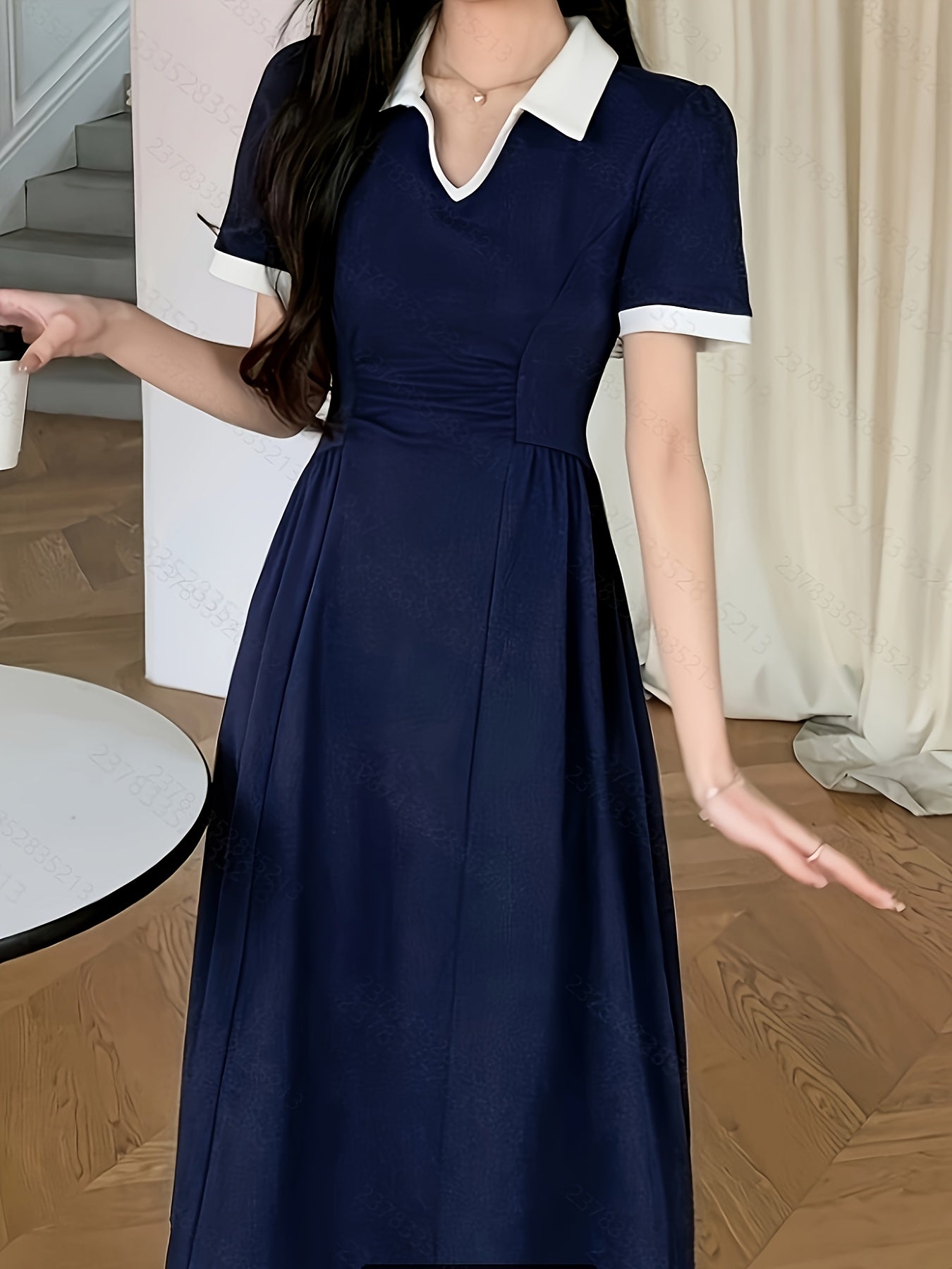 Navy Blue Midi Dress Navy Blue Elegant Midi Dress for Women | Short Sleeve, Collar, Cinched Waist, Flowy Design, Nontransparent Material, Perfect for Casual or Formal Occasions, Allseason Attire