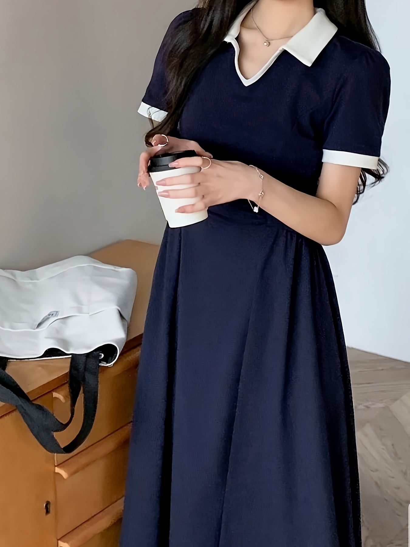 Navy Blue Midi Dress Navy Blue Elegant Midi Dress for Women | Short Sleeve, Collar, Cinched Waist, Flowy Design, Nontransparent Material, Perfect for Casual or Formal Occasions, Allseason Attire