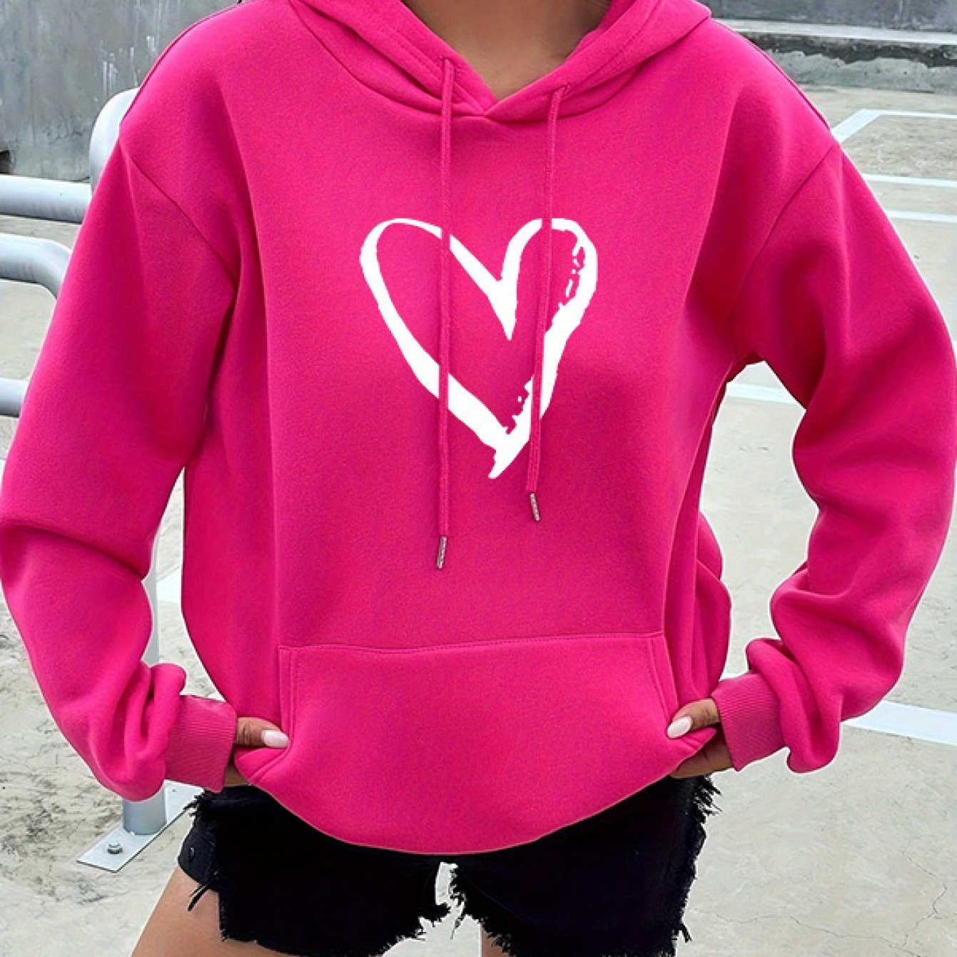 Women'S Pink Hoodie with Heart & Floral Graphic - Cozy Fall\u002FWinter Pullover, Casual Style, Drawstring Hood, Frayed Hem, Long Sleeve, Polyester Blend, Machine Washable, Casual Wear Hoodie | Elegant Casual Hoodie | Frayed Hem Hoodie