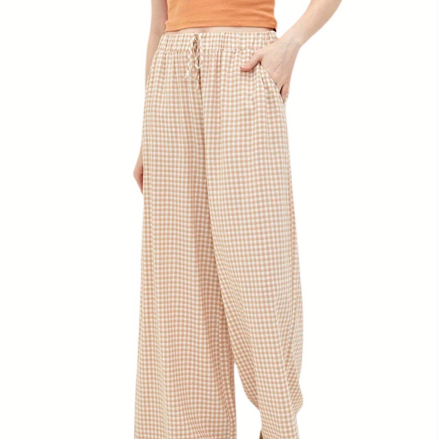 Elegant Wide Leg Palazzo Pants for Women with Drawstring, 100% Polyester Knit Fabric, Plaid Print, All-Season Comfort, Harem Style Casual Trousers
