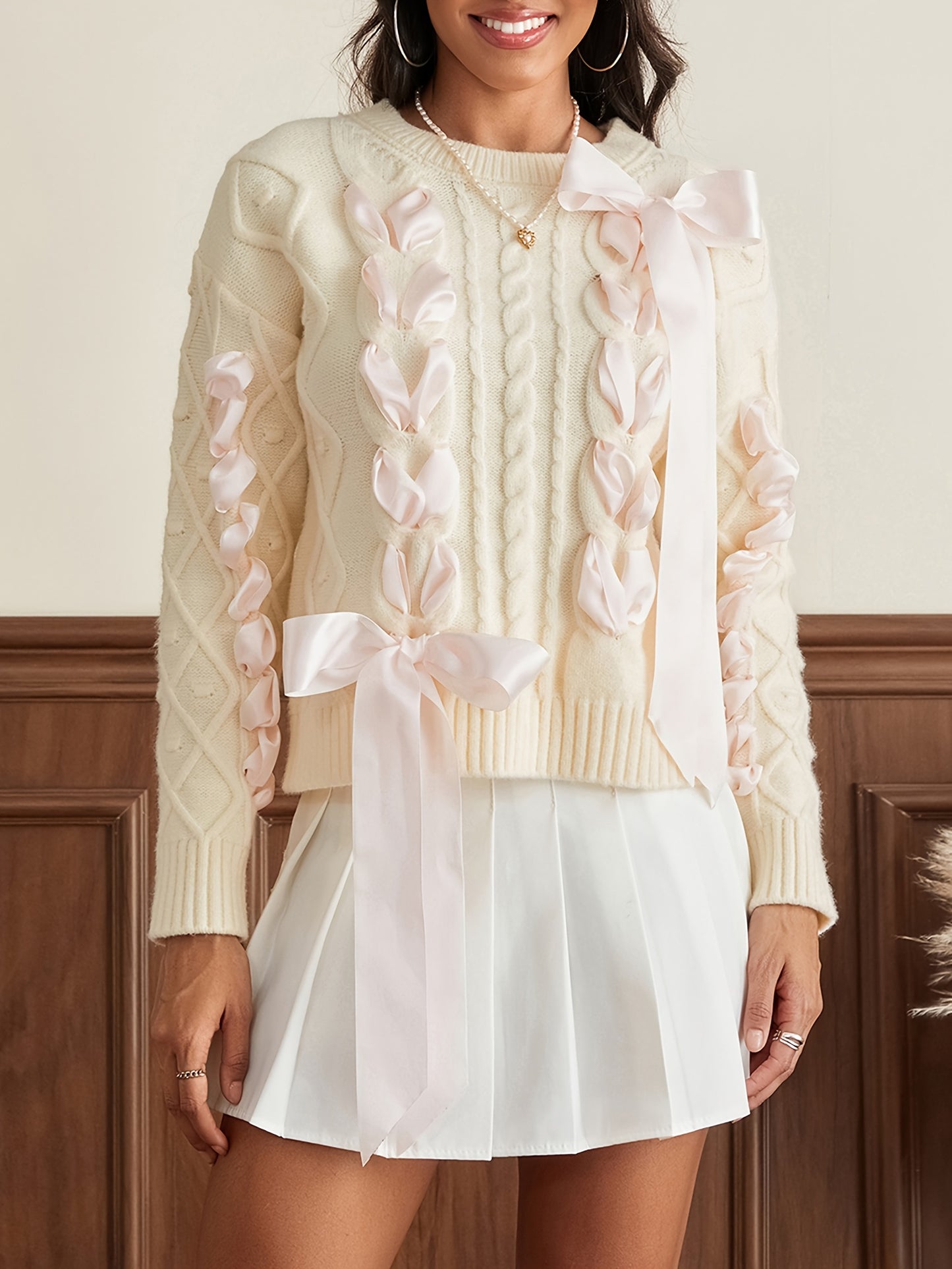 Women'S Ribbon Sweater Cute Round Neck Long Sleeve 3D Bow Cable Knit Pullover Sweater for Fall Winter