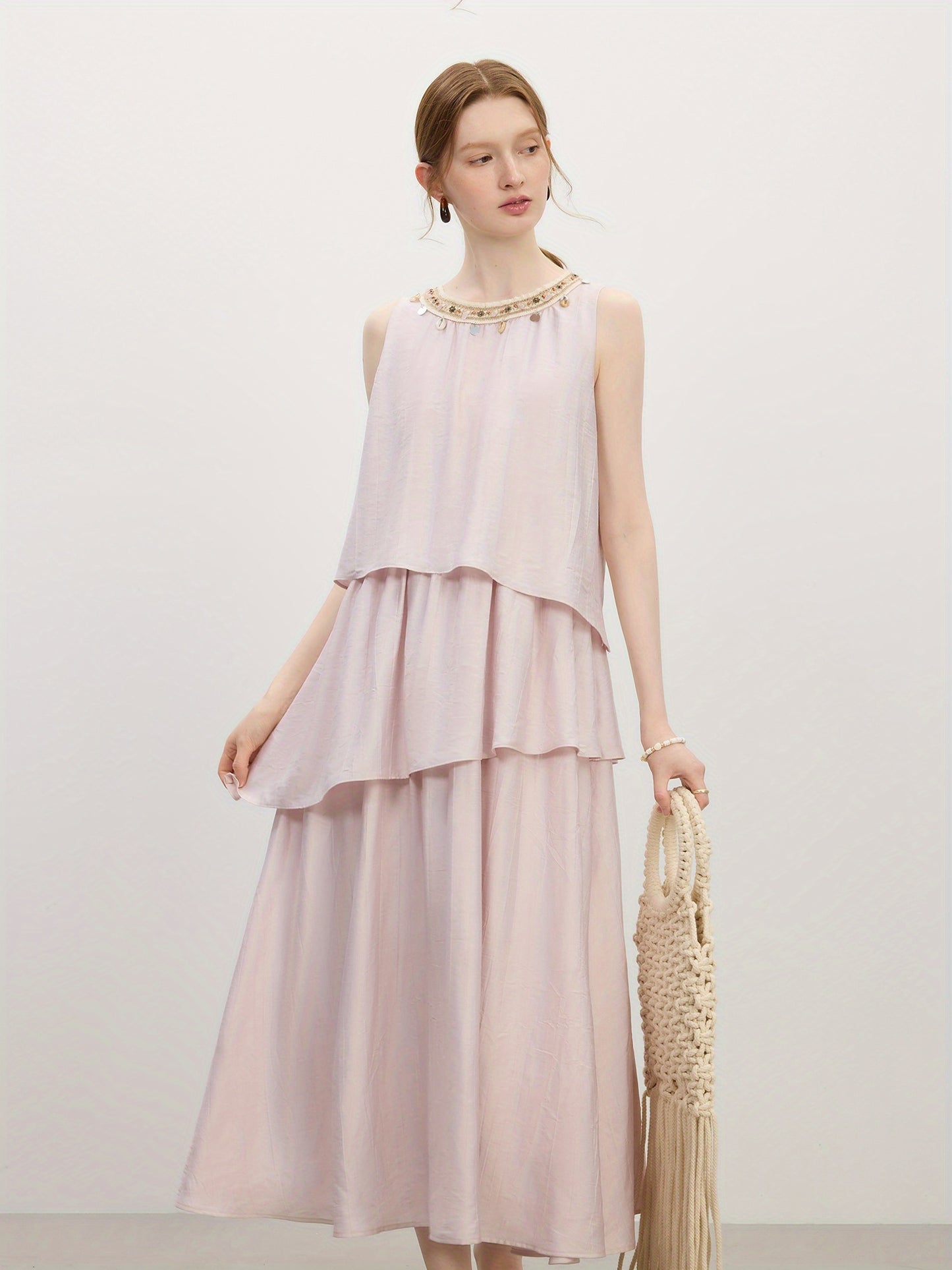 FSLE Women'S Sleeveless Halter Neck Dress - Lightweight Polyester, Tiered Ruffled Hem, Casual Summer Beachwear, Solid Color, Perfect for Vacation or Casual Attire, Beach Dress