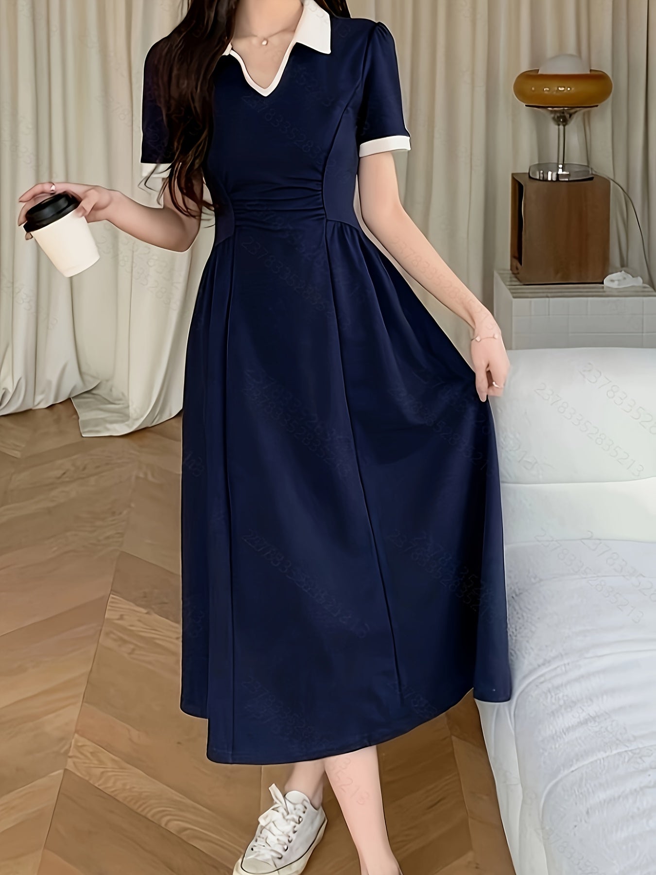 Navy Blue Midi Dress Navy Blue Elegant Midi Dress for Women | Short Sleeve, Collar, Cinched Waist, Flowy Design, Nontransparent Material, Perfect for Casual or Formal Occasions, Allseason Attire