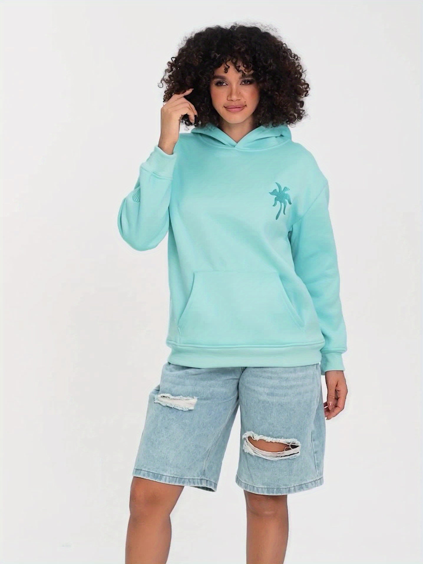 Long Sleeve Crew Neck Knit Polyester Hoodie - Women'S Beach-Themed Sweatshirt with Front Pocket, Slight Stretch, Printed Palm & Shell Design, Casual Sports Style Top